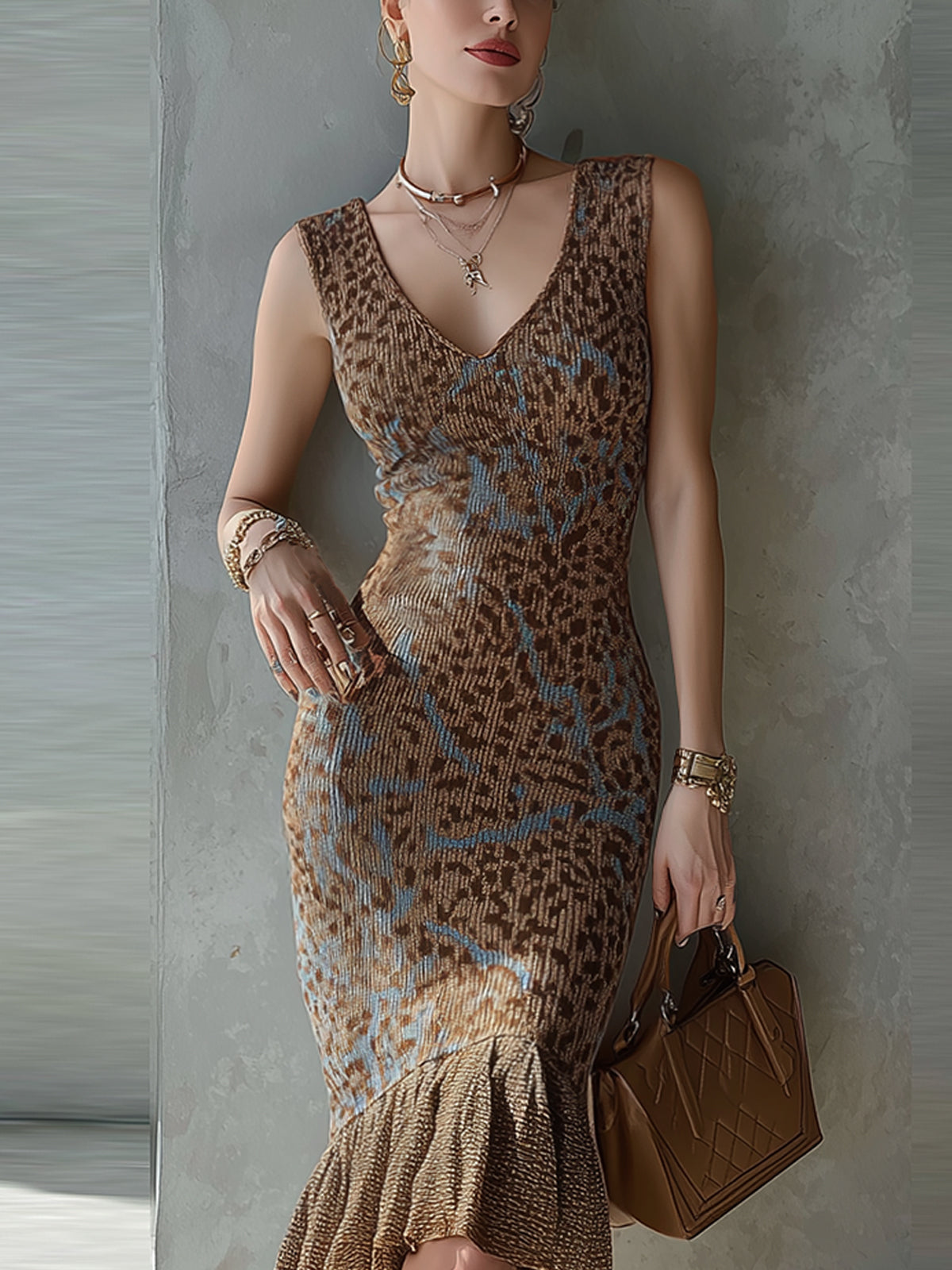 Bronze Leopard Print Knit Ruffled Hem V-Neck Bodycon Dress