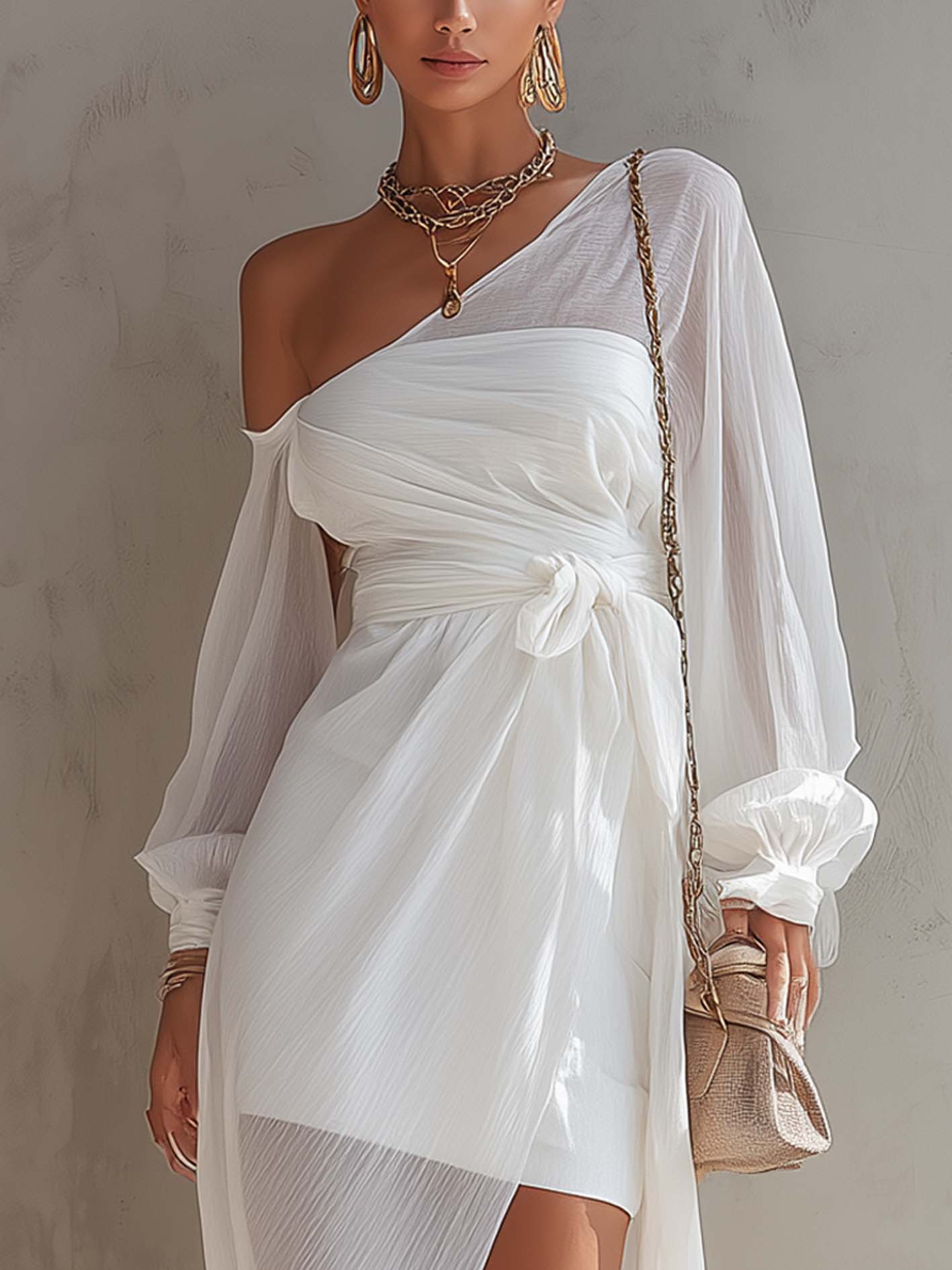 White One Shoulder Double Layer Midi Dress With Side Slit