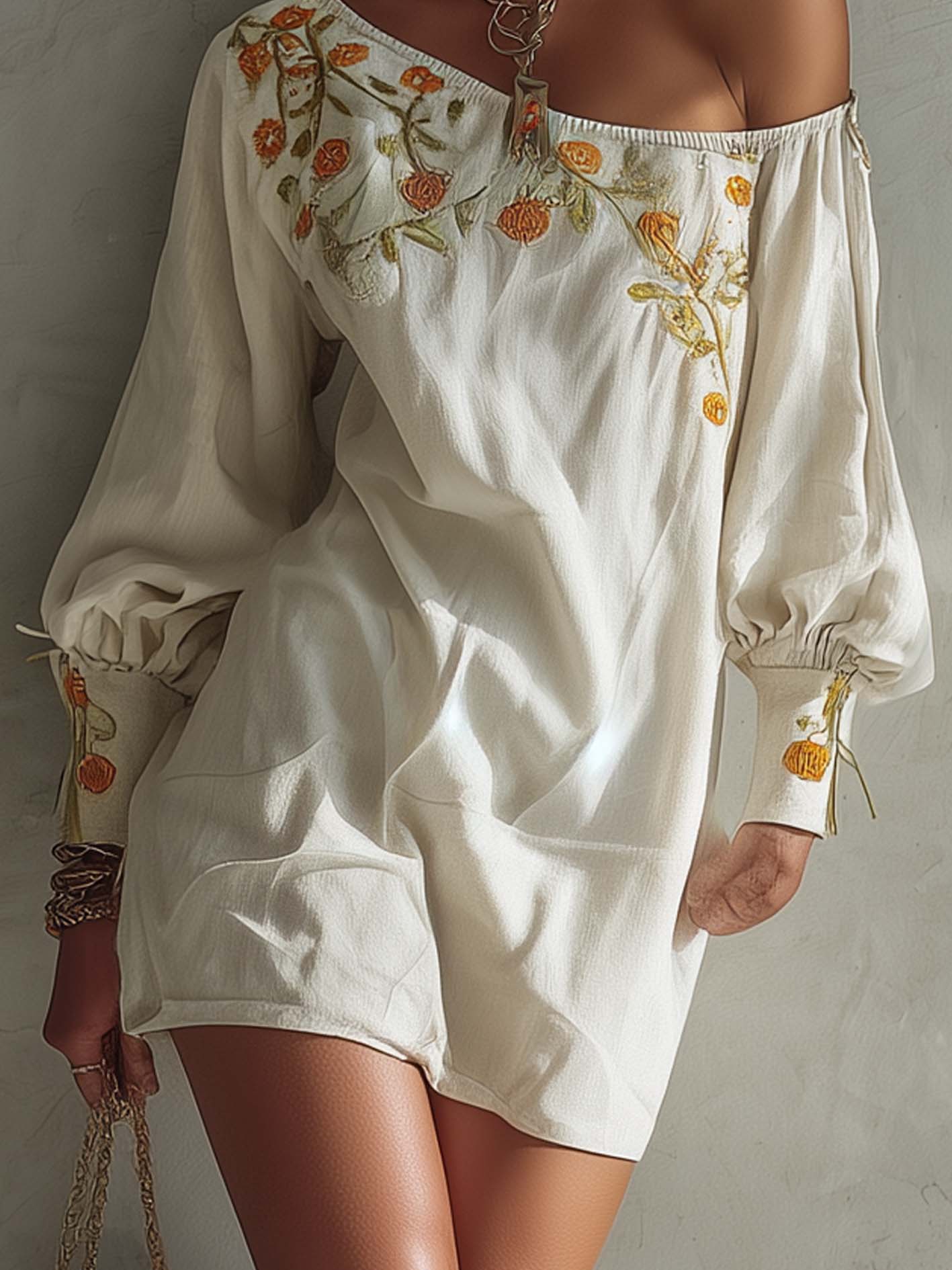 White One Shoulder Cotton Linen Mini Dress With Orange Floral Embroidery