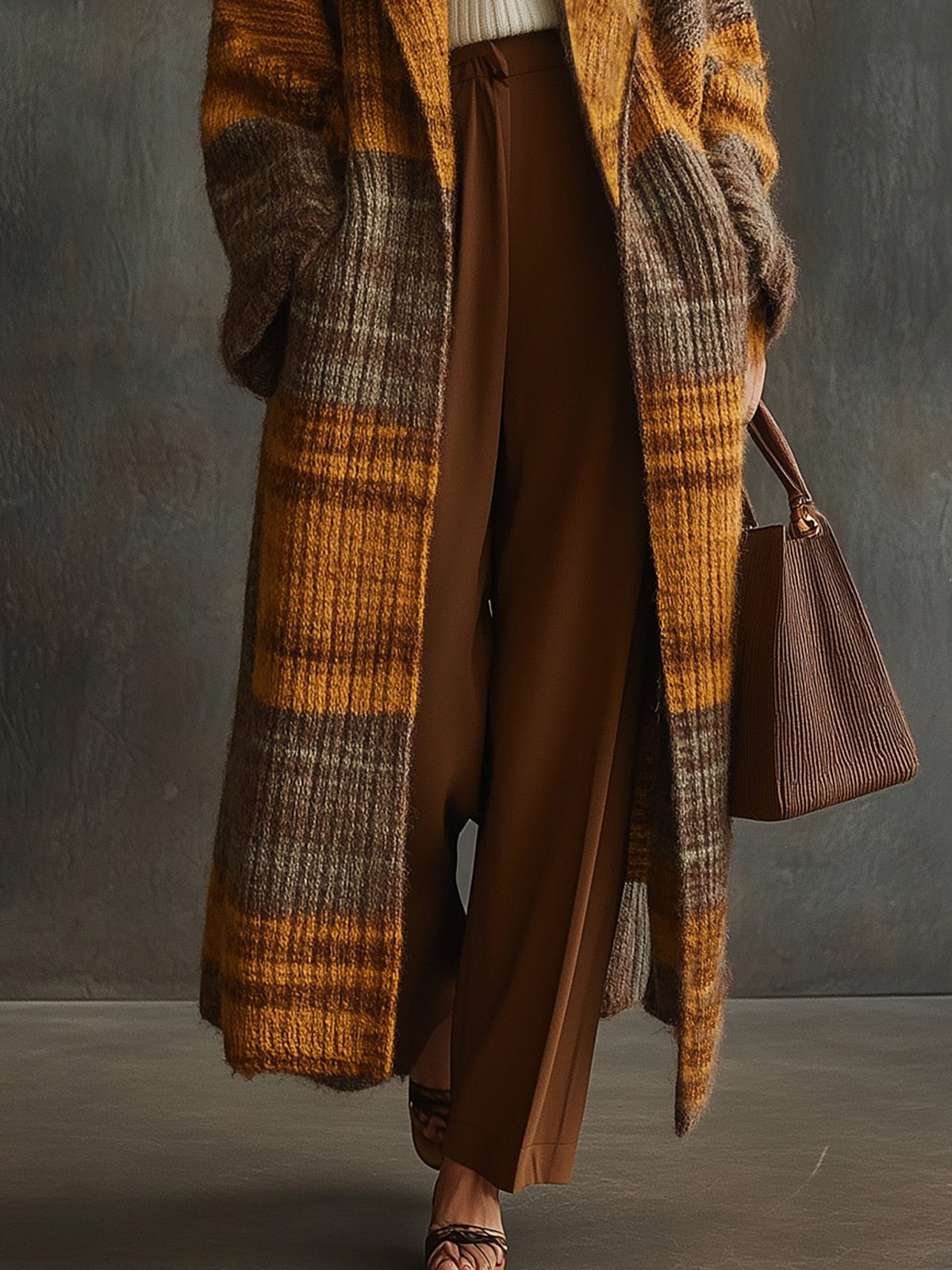 Colorblock Plaid Knitted Long Coat With Pockets