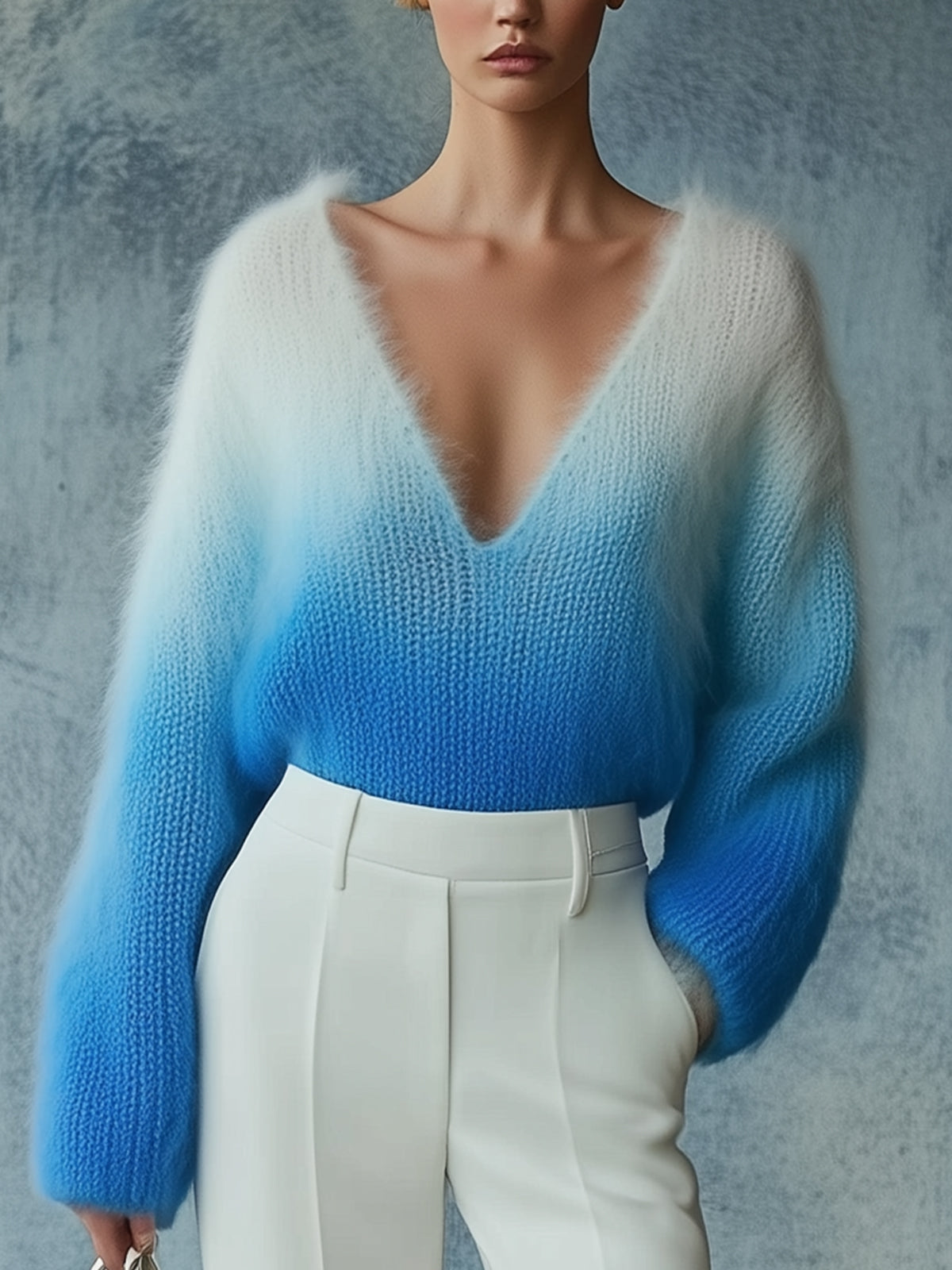 Blue V-Neck Fluffy Knit Sweater