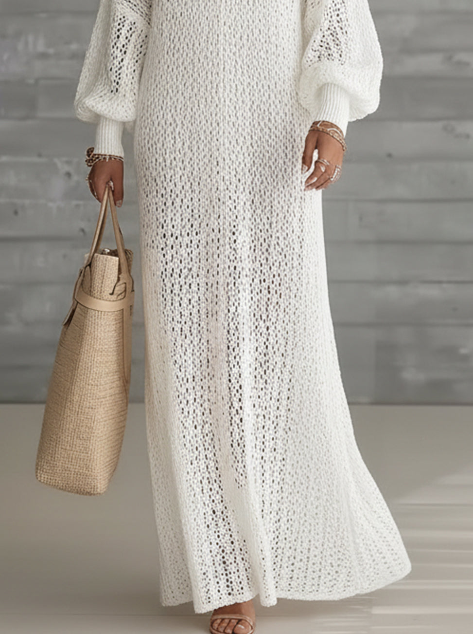 White Crochet Long-Sleeve V-Neck Maxi Dress