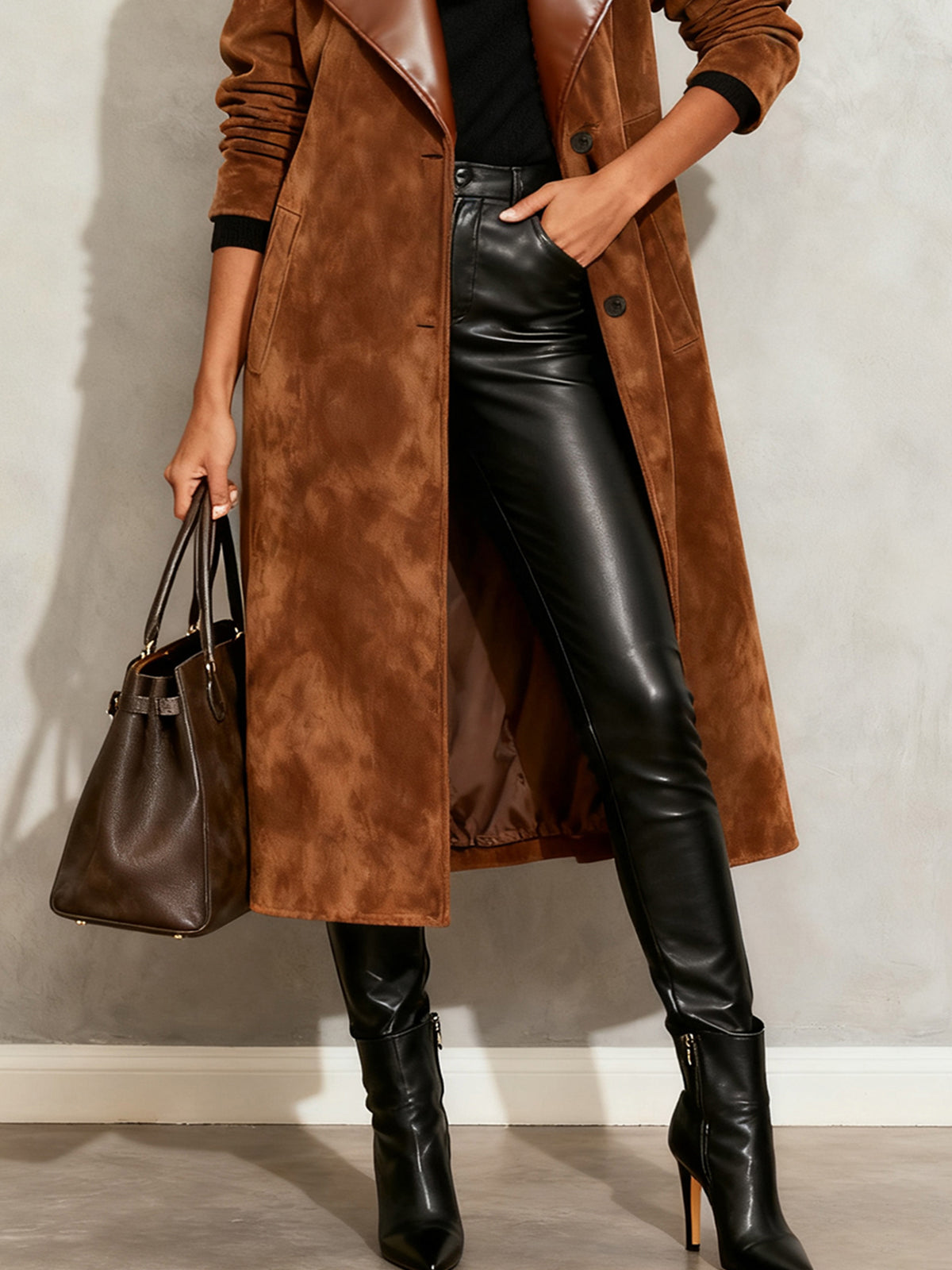 Brown Faux Suede Trench Coat With Leather Lapel