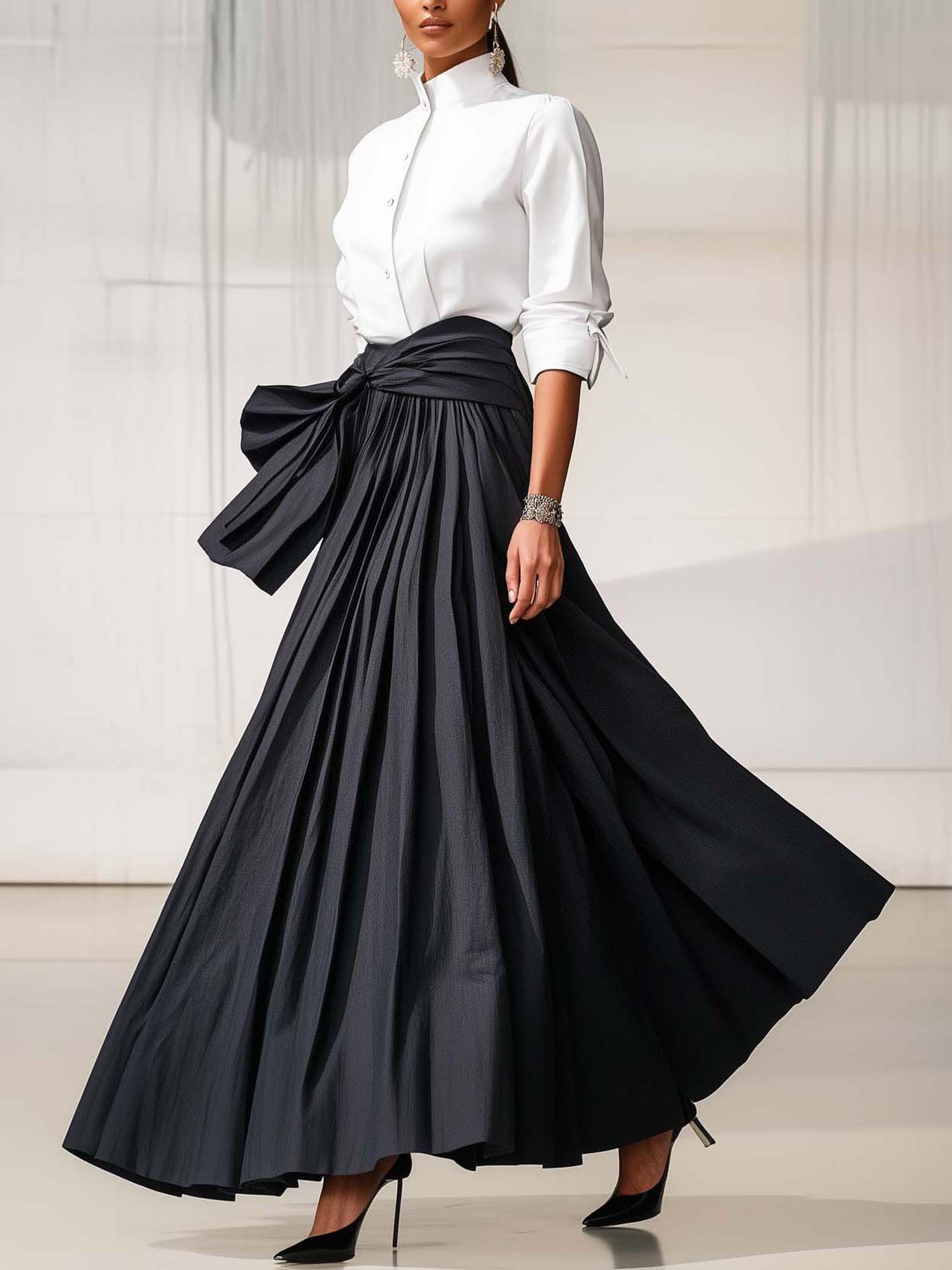 Black And White Maxi Shirt Dress With Belt