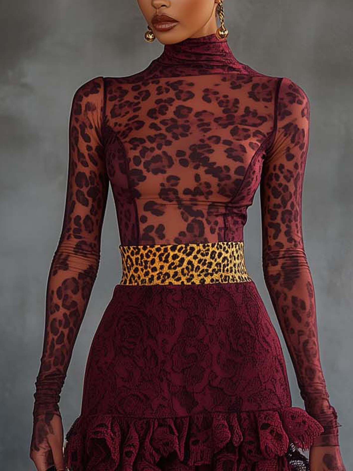Burgundy Leopard Print Mini Dress With Lace