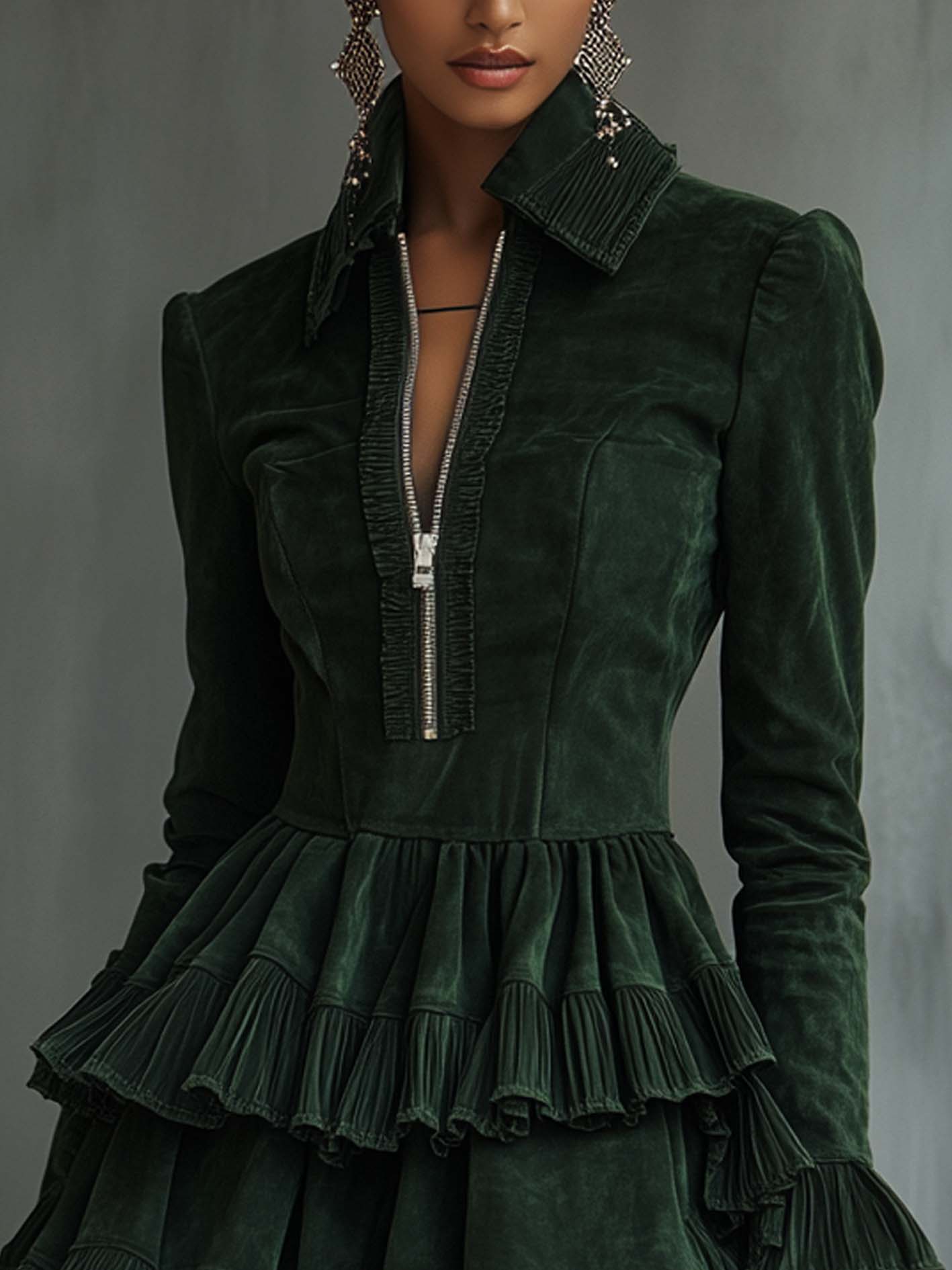 Retro Green Faux Suede Mini Dress With Ruffles