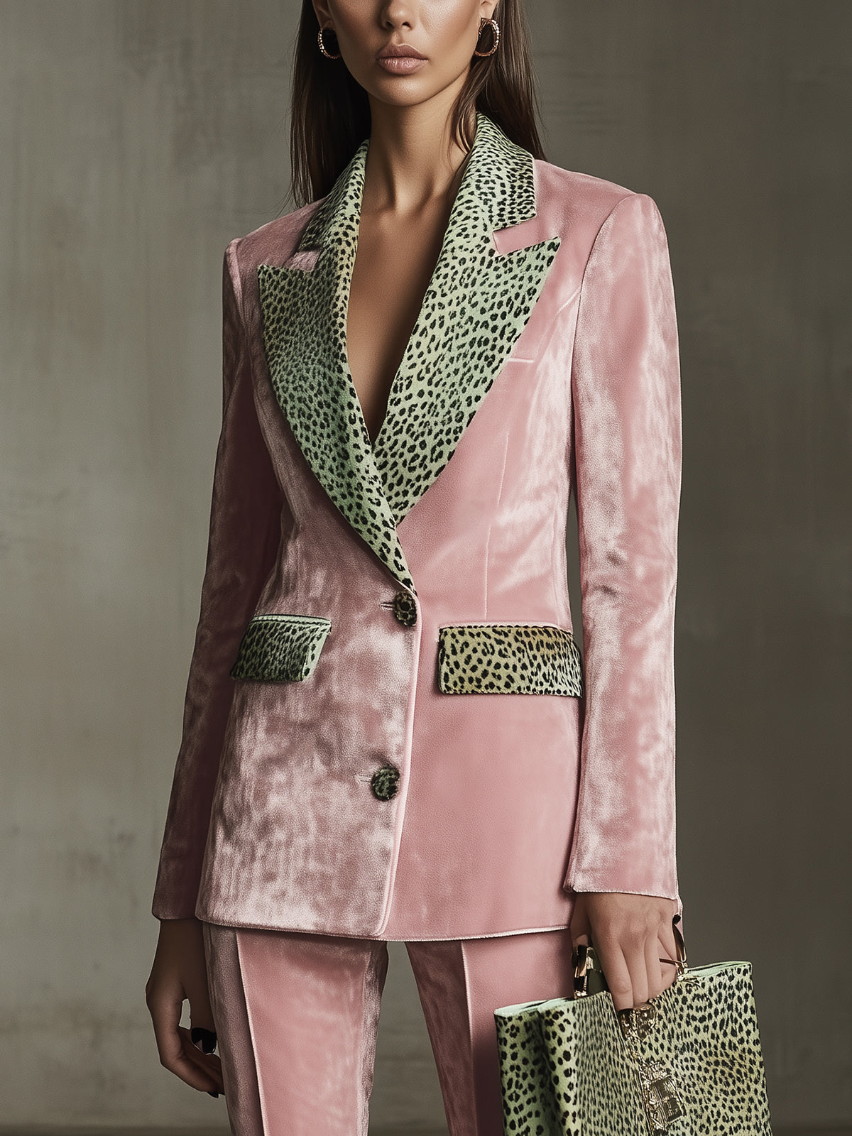 Pink Velvet Blazer With Leopard Print Lapels