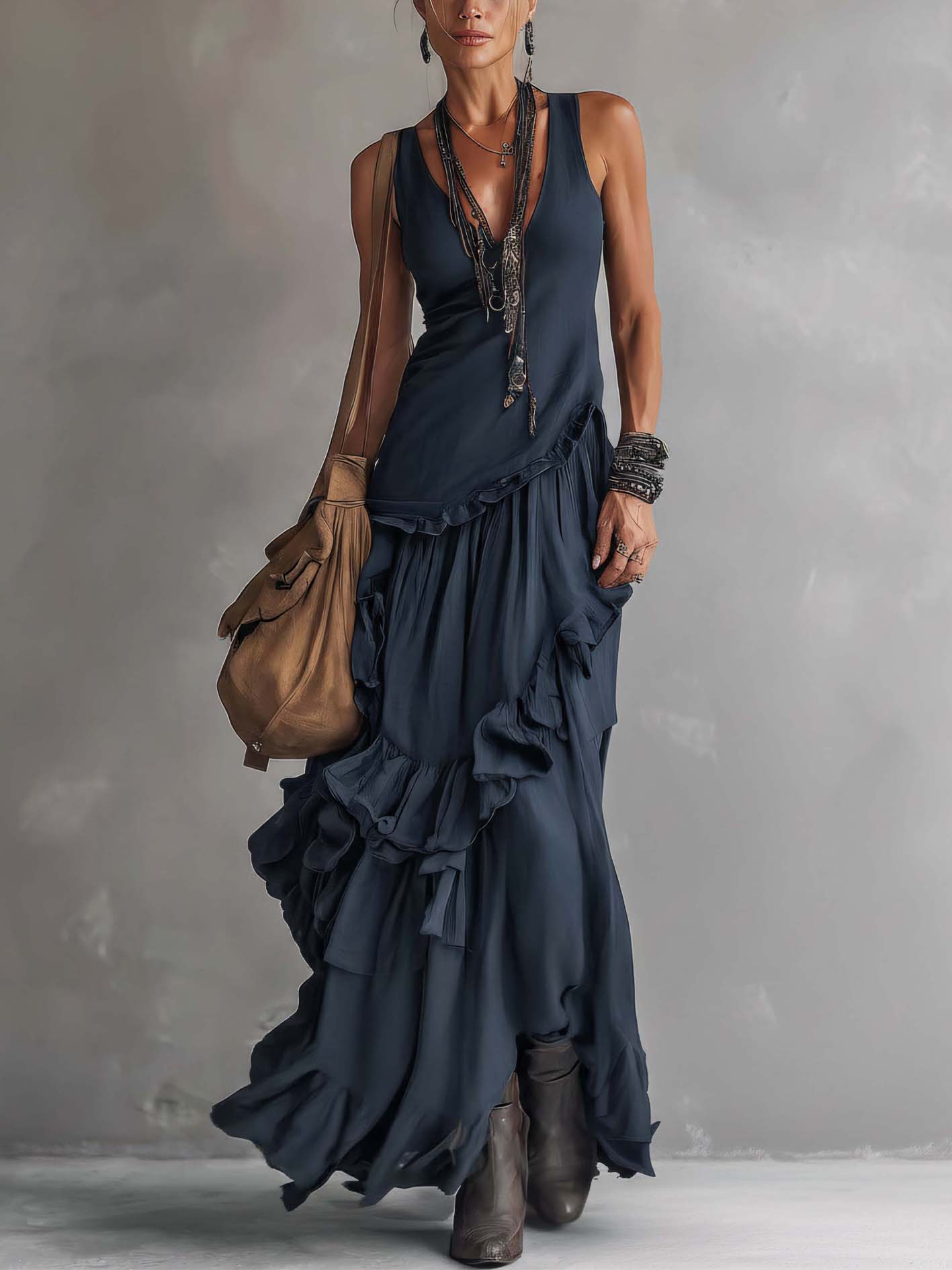 Deep Navy Cotton Linen Ruffled Sleeveless Maxi Dress