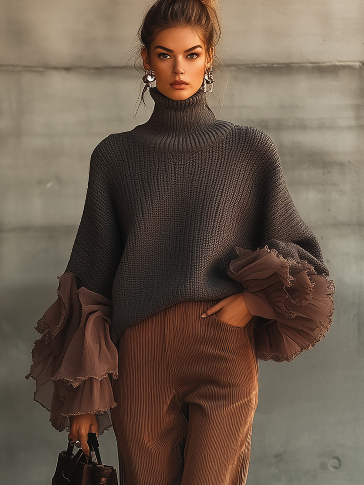 Ruffle Sleeve Turtleneck Sweater And Corduroy Trousers Set