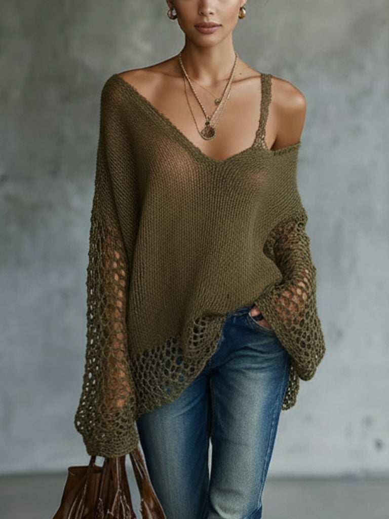 Green Lightweight Off Shoulder Knit Sweater