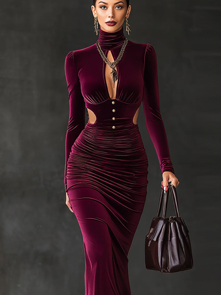 Burgundy Velvet Cutout Turtleneck Bodycon Dress With Metal Buttons