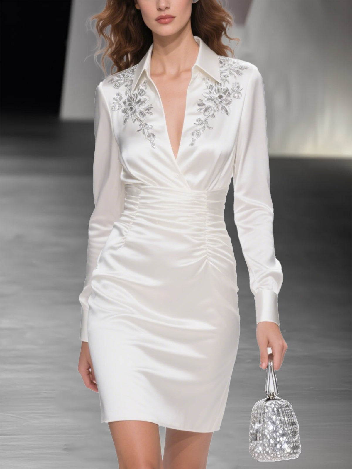 Satin Ruched Mini Dress With Embroidered Collar