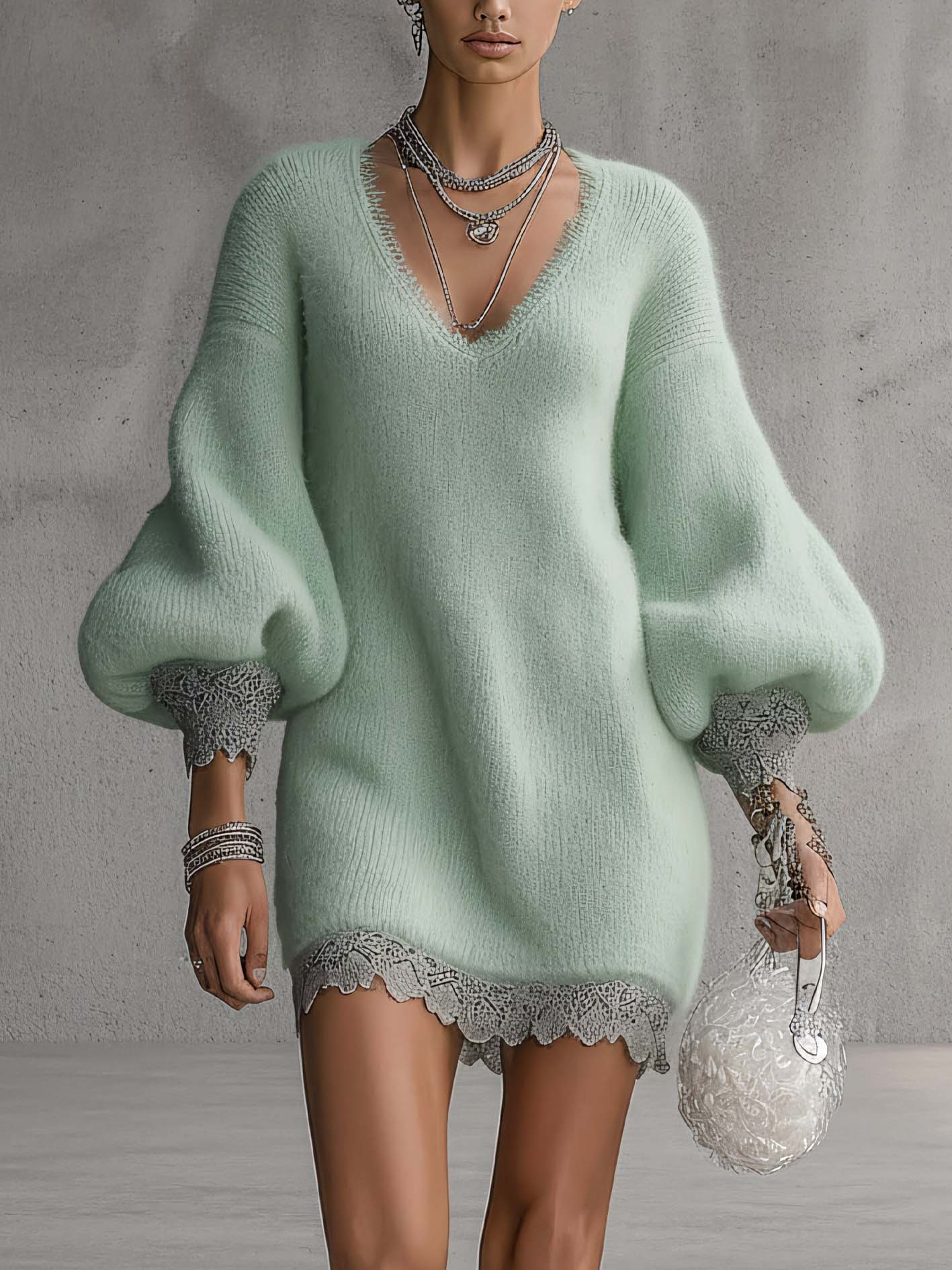 Mint Green Mohair Knit Mini Dress With Lace Trim