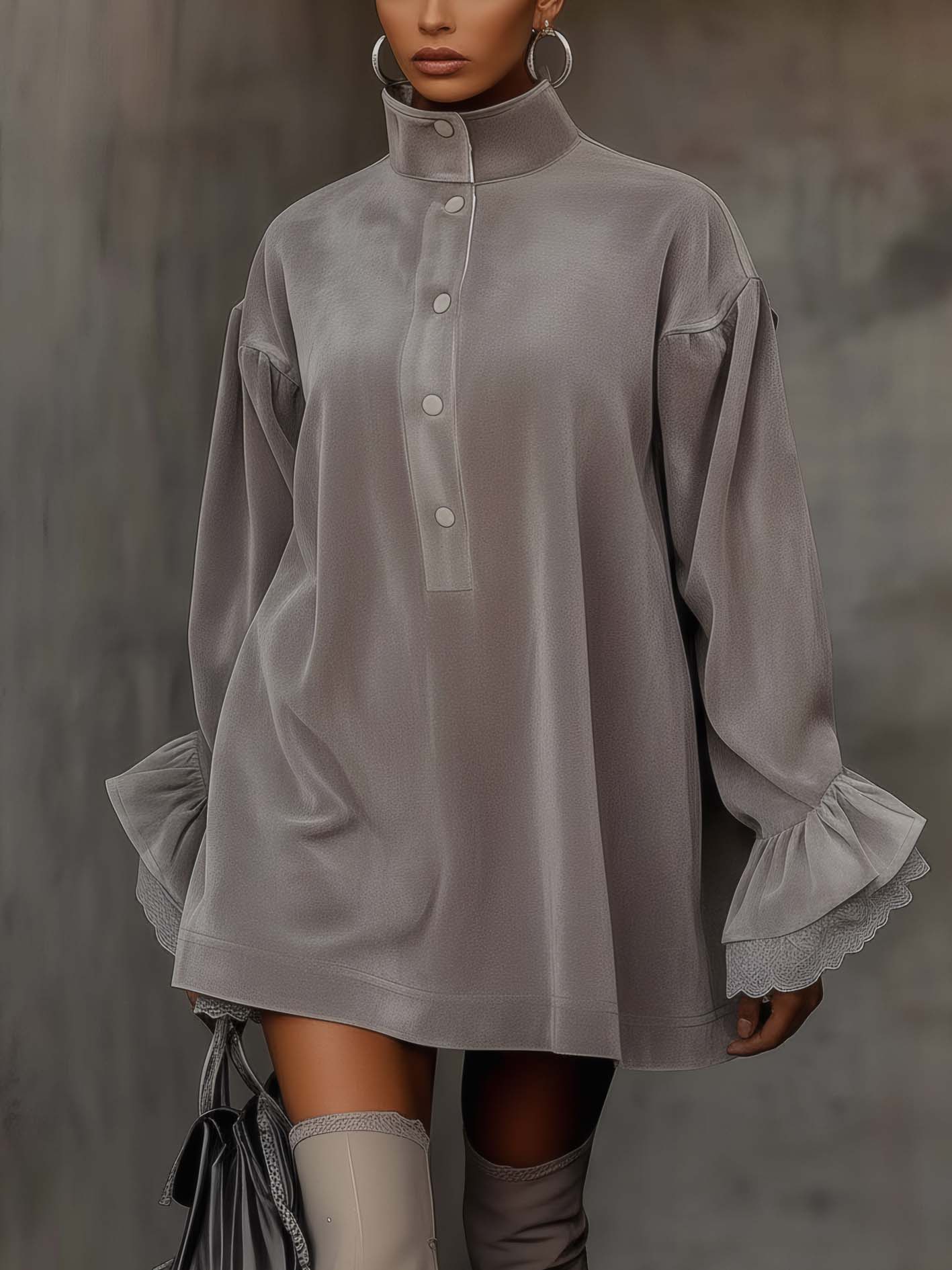 Gray Faux Suede Mini Dress With Lace Cuffs