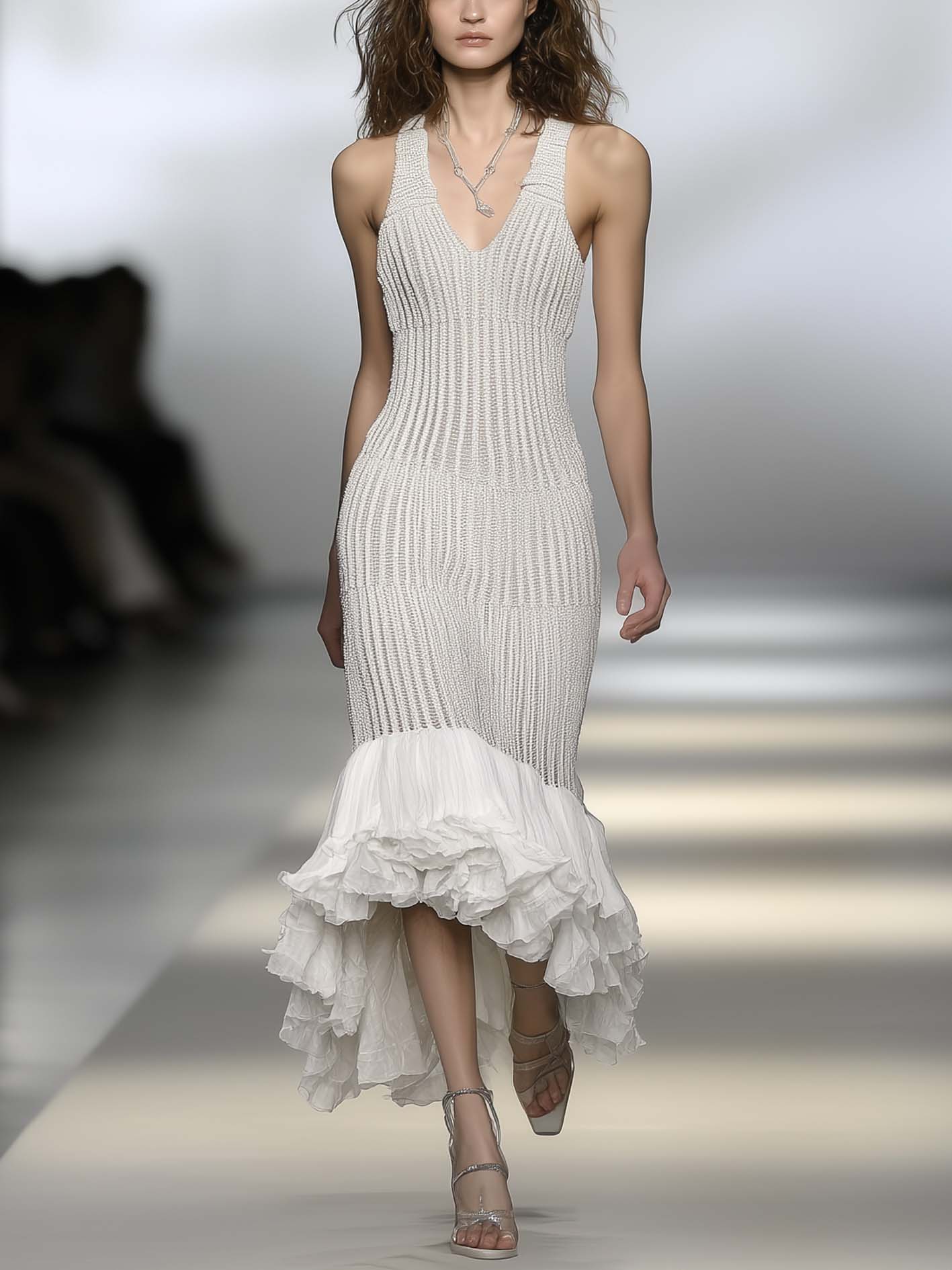 White Knitted Midi Bodycon Dress With Irregular Chiffon Ruffles