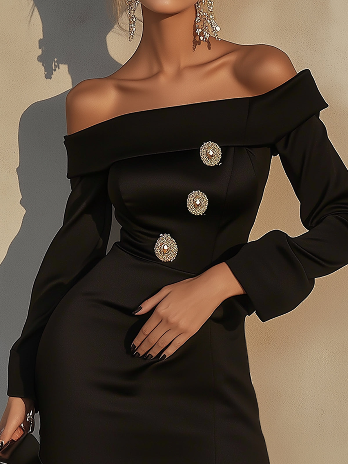 Black Off Shoulder  Mini Dress With Statement Buttons
