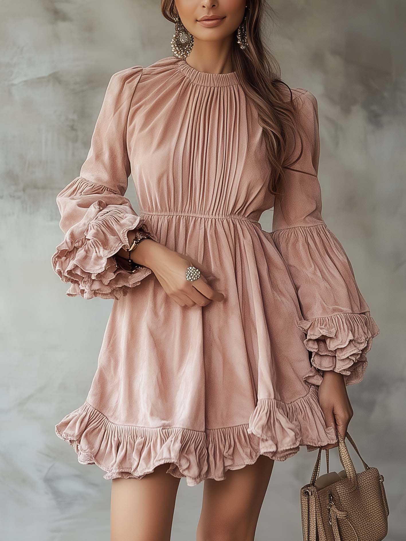 Retro Pink Faux Suede Mini Dress With Ruffles