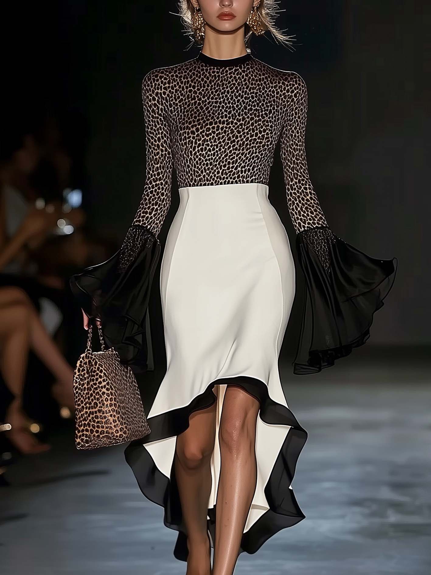 Stylish Leopard Print Midi Bodycon Dress With Mesh Cuffs