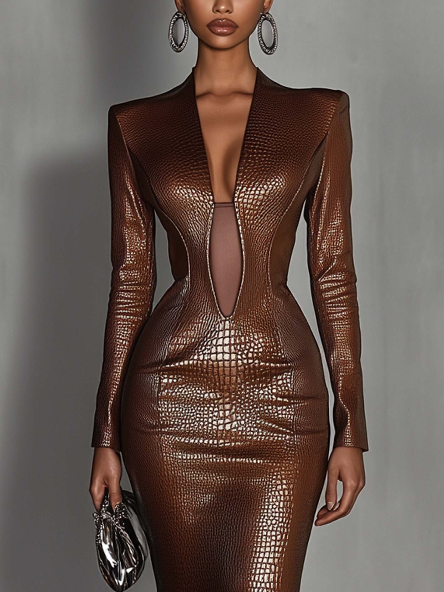Brown Crocodile Textured Faux Leather Bodycon Dress With Mesh Neckline