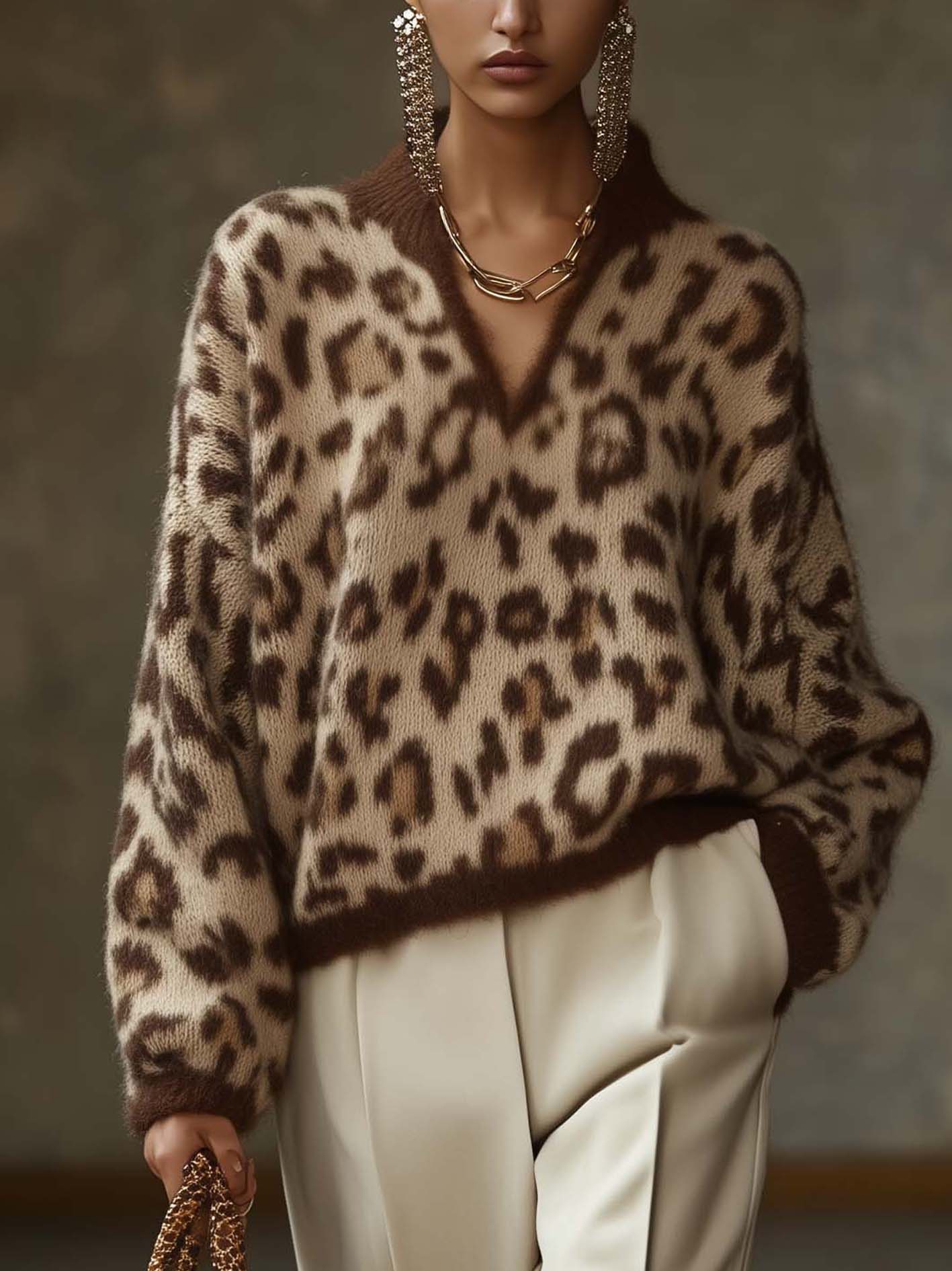 Brown Faux Mohair Sweater With Leopard Print