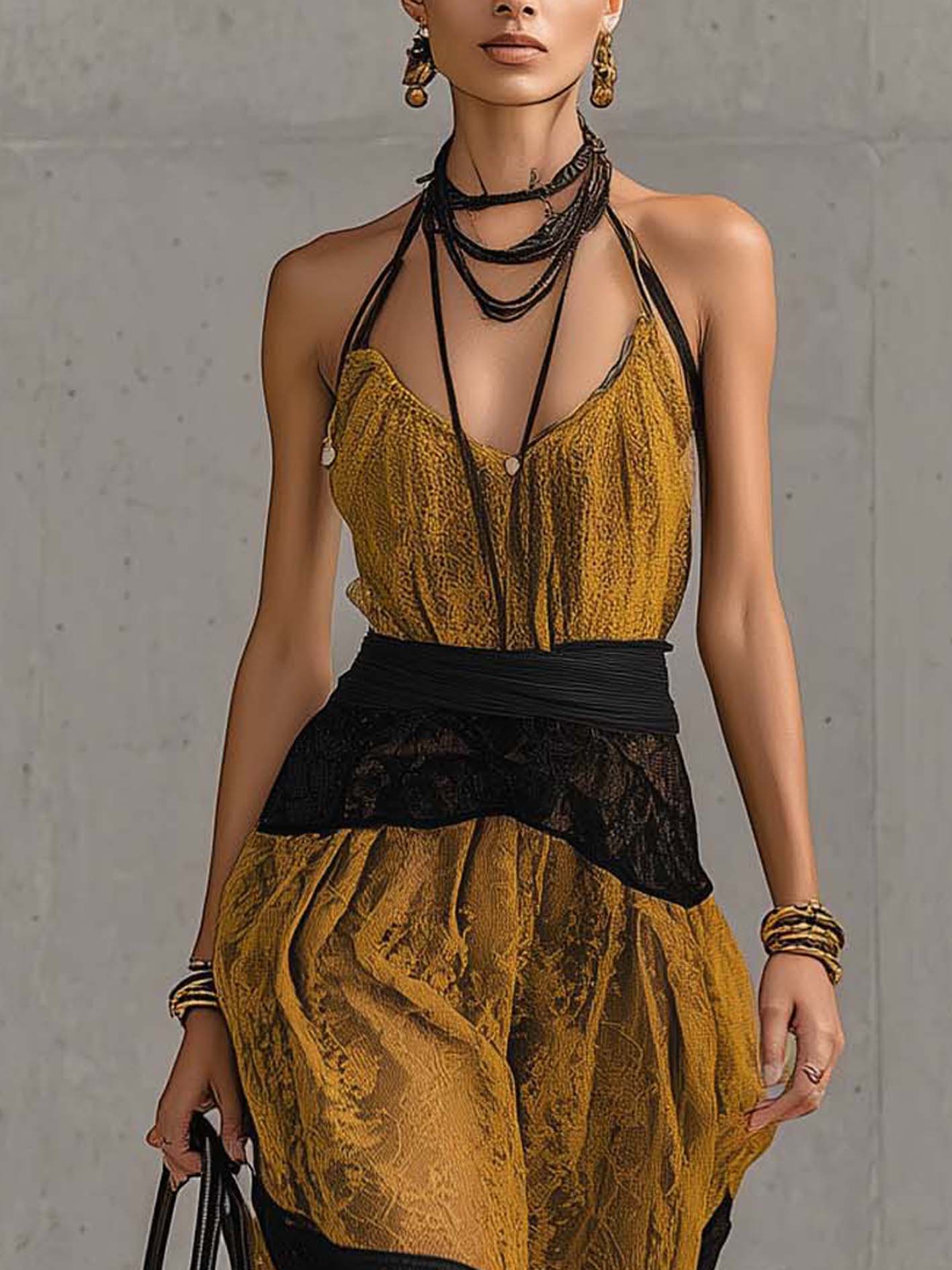 Mustard Yellow Lace Patchwork Black Sleeveless Maxi Dress