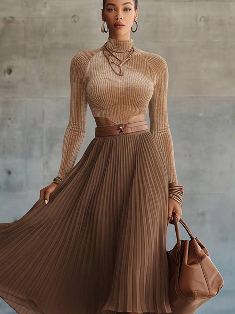 Mocha Velvet Chiffon Cutout Dress With Belt