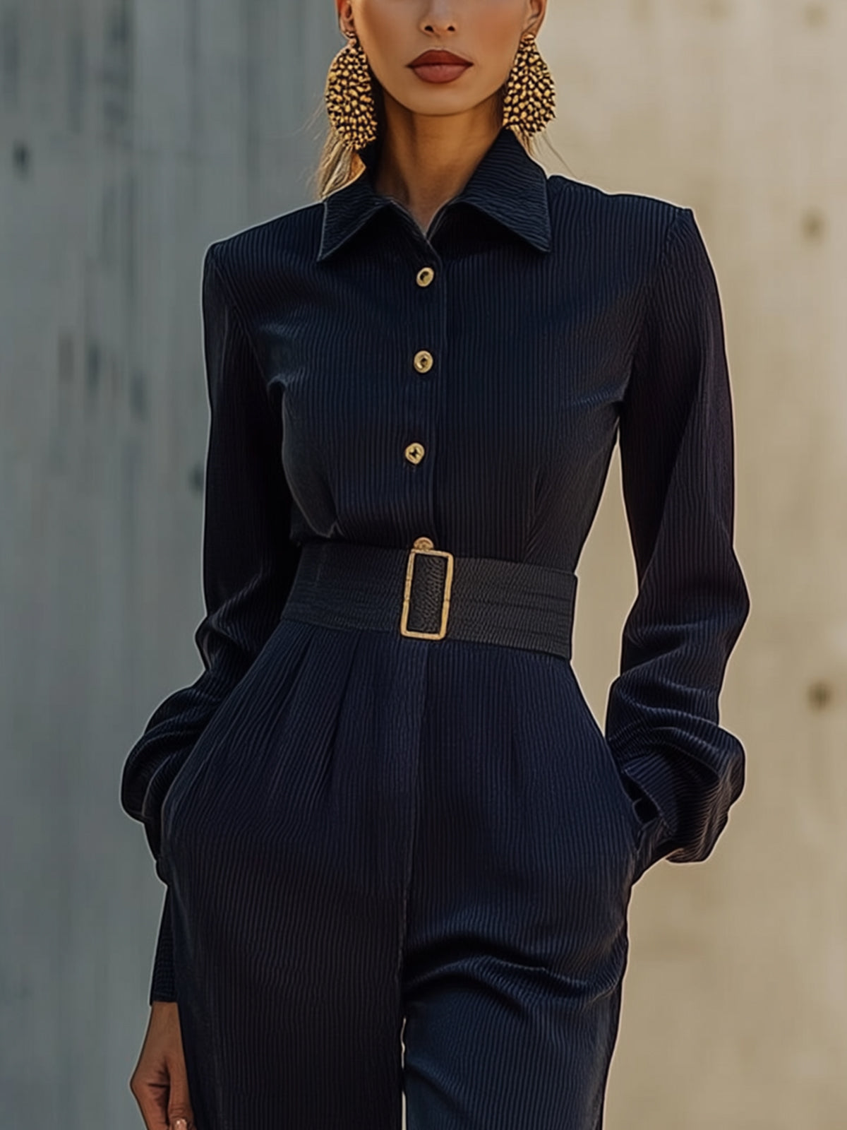 Navy Corduroy Jumpsuit With Pockets