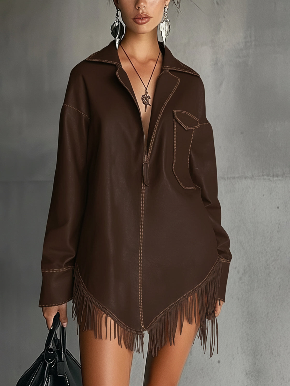 Dark Brown Faux Leather Fringe Hem Shirt Dress