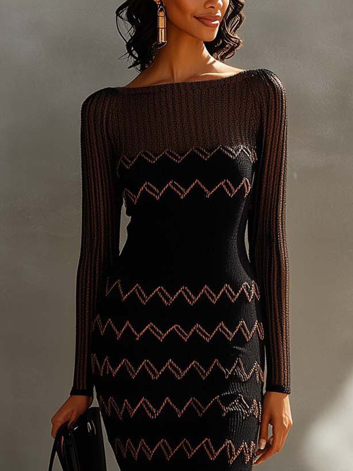Black Knitted Bodycon Dress With See-through Design And Brown Lines