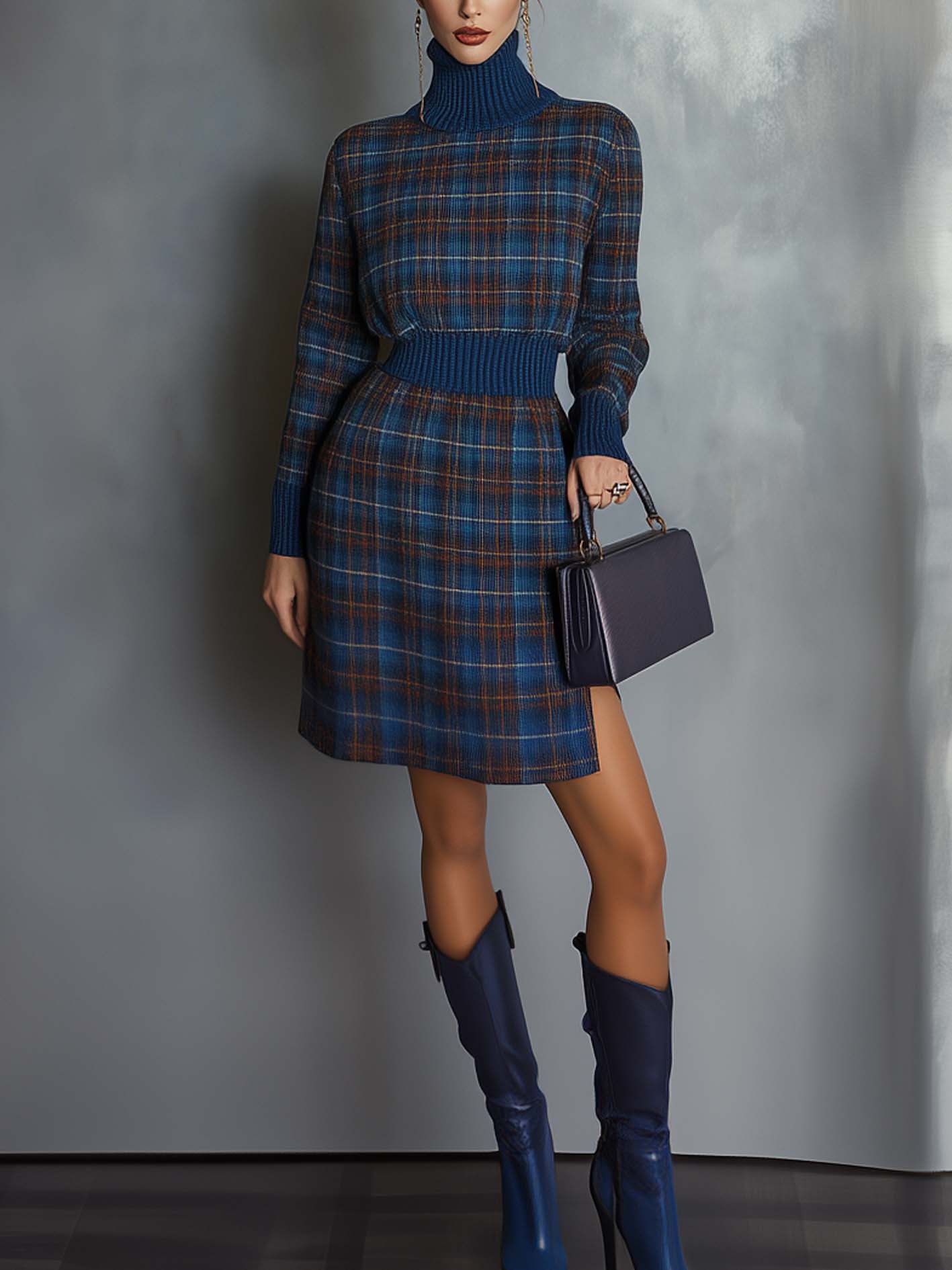 Blue Knitted Mini Dress With High Neckline And Plaid Pattern