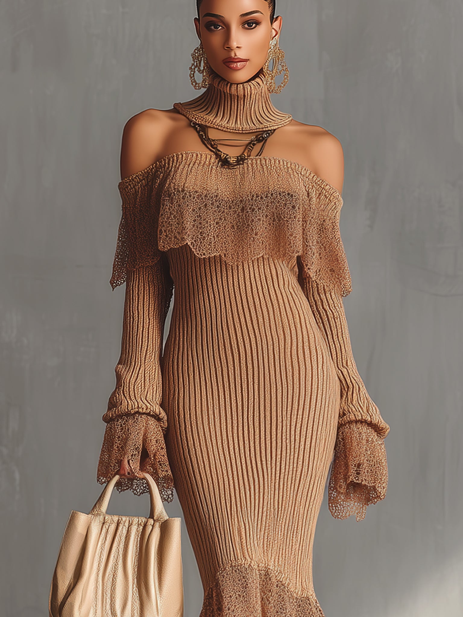 Camel Knit Lace Trim Long Sleeve Bodycon Dres