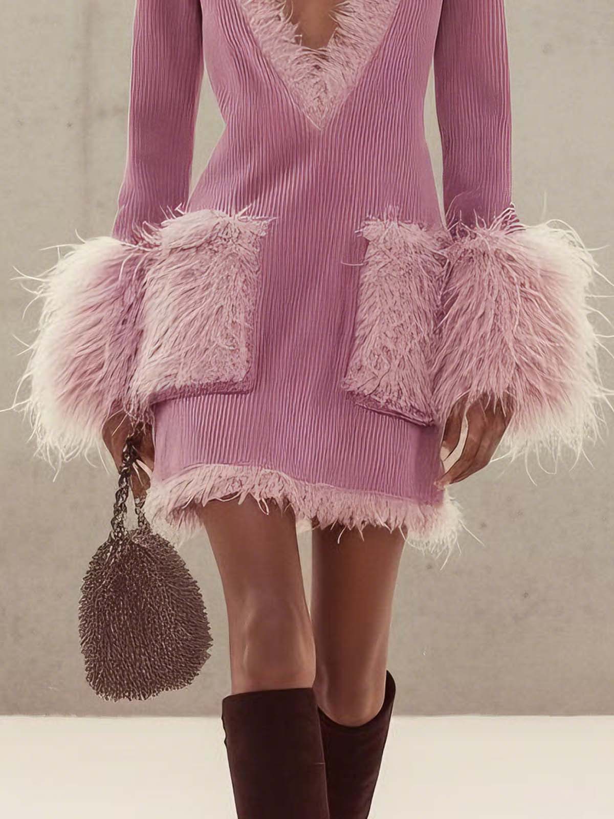 Pink Corduroy Feather-trimmed Double-pocket V-neck Dress