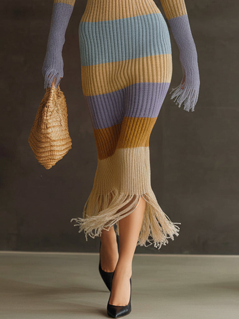 Multicolor Striped Knit Fringe Hem Bodycon Dress