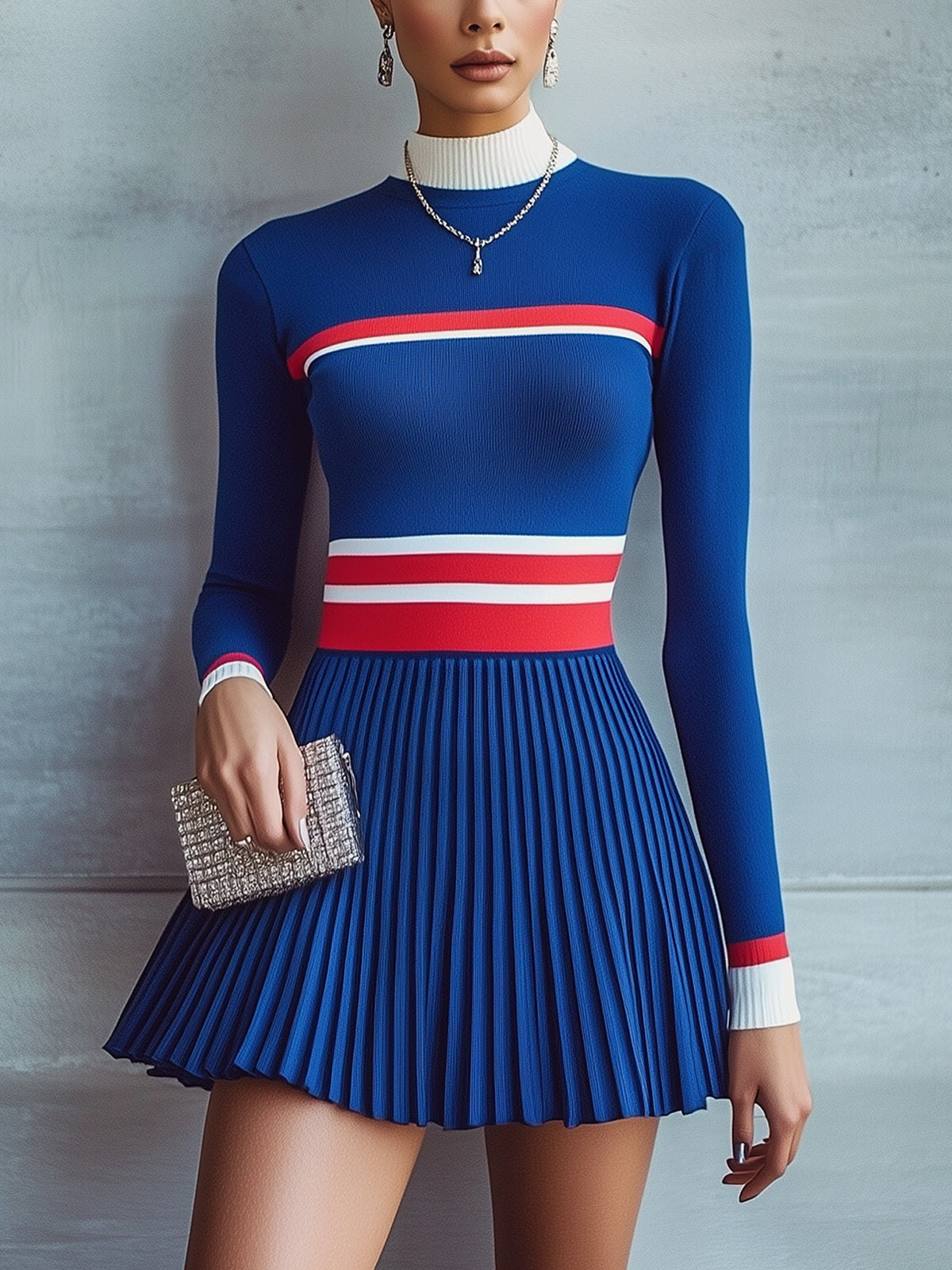 Royal Blue Colorblock Pleated Long Sleeve Mini Dress