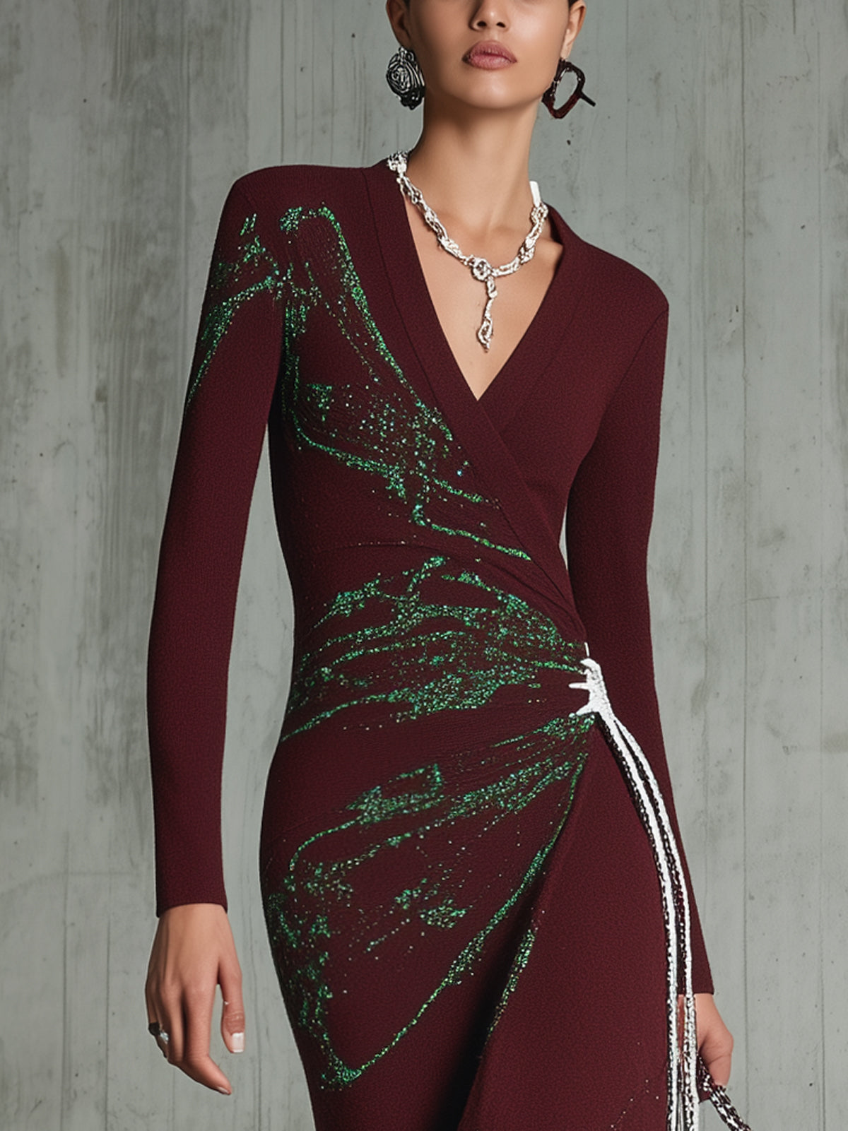 Burgundy Knit Draped V-Neck Long Sleeve Midi Dress