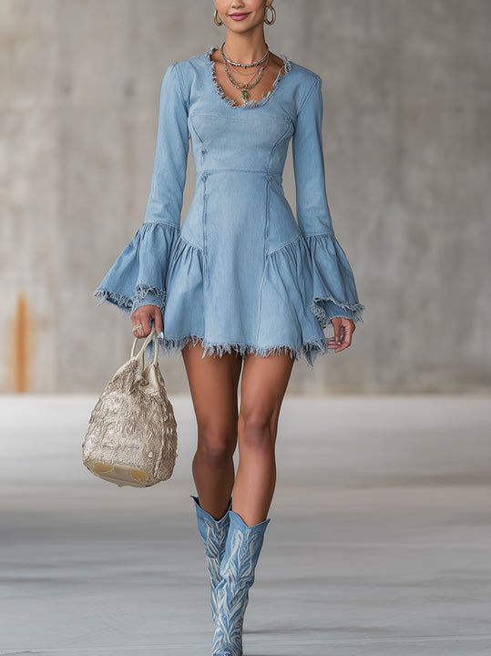 Light Blue Denim Frayed-Edge Bell-Sleeve A-Line Mini Dress
