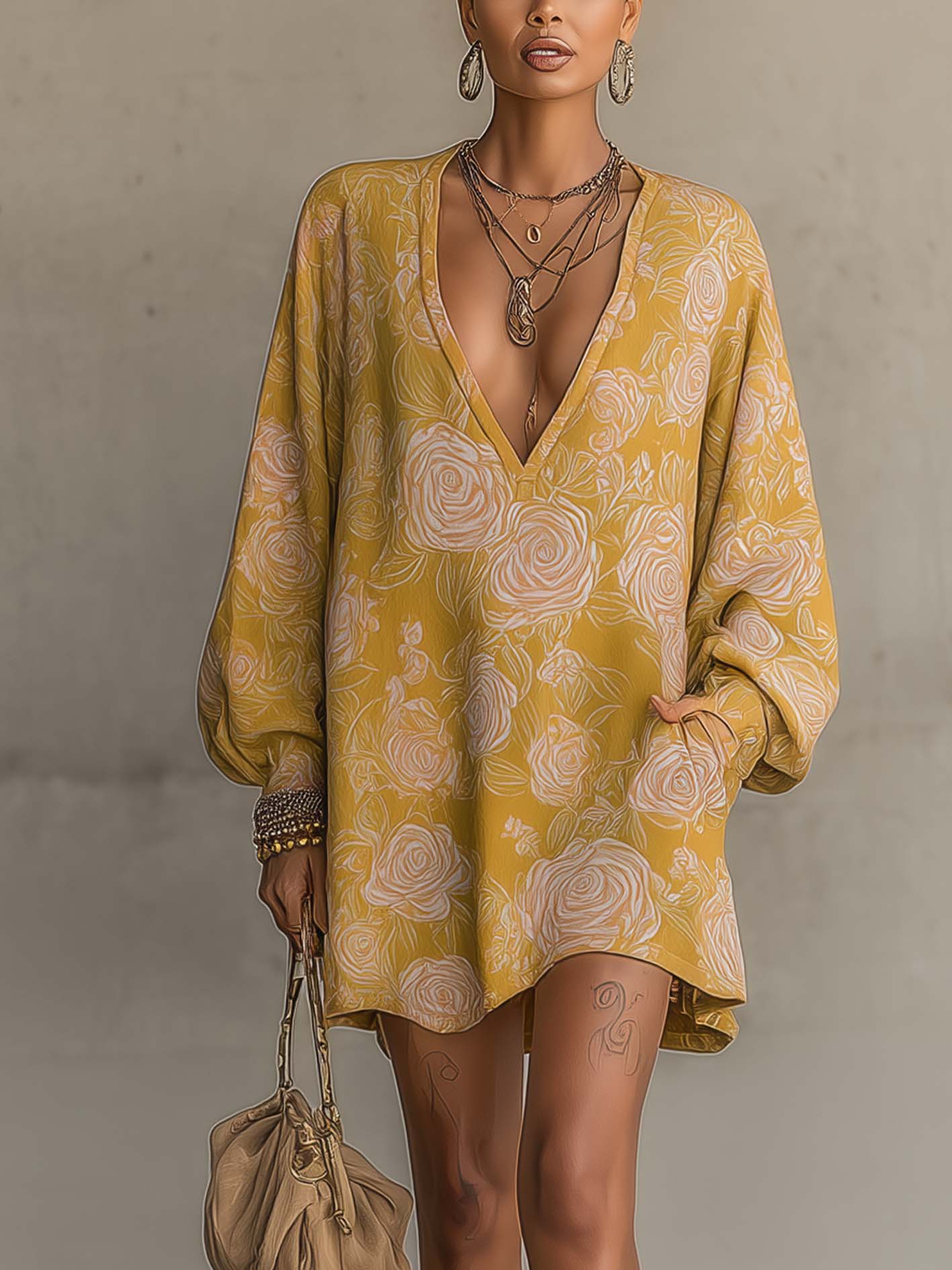 Yellow Rose Print Cotton-Linen V-Neck Long Sleeve Mini Dress
