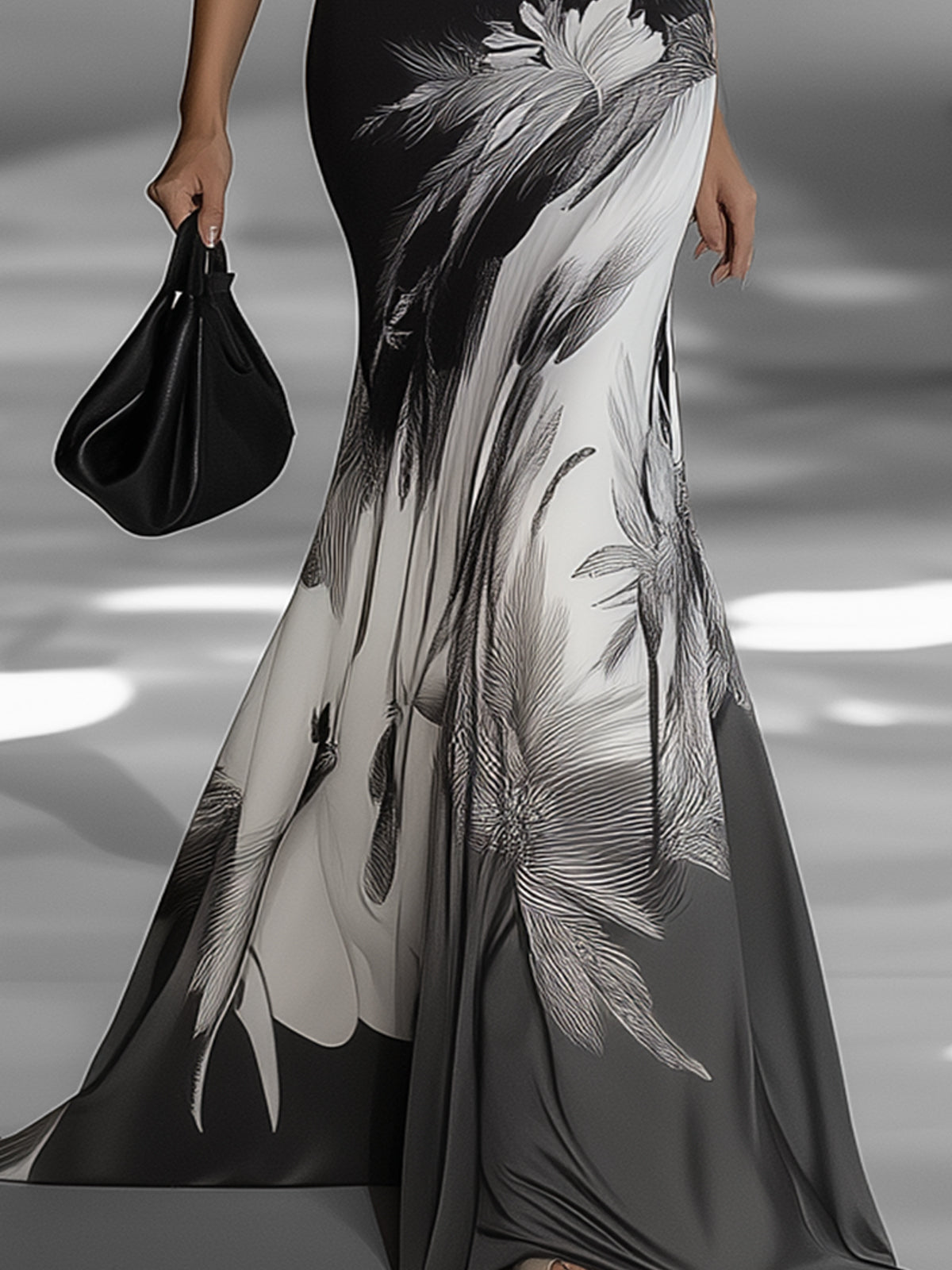 Elegant Black And White Printed Maxi Dress
