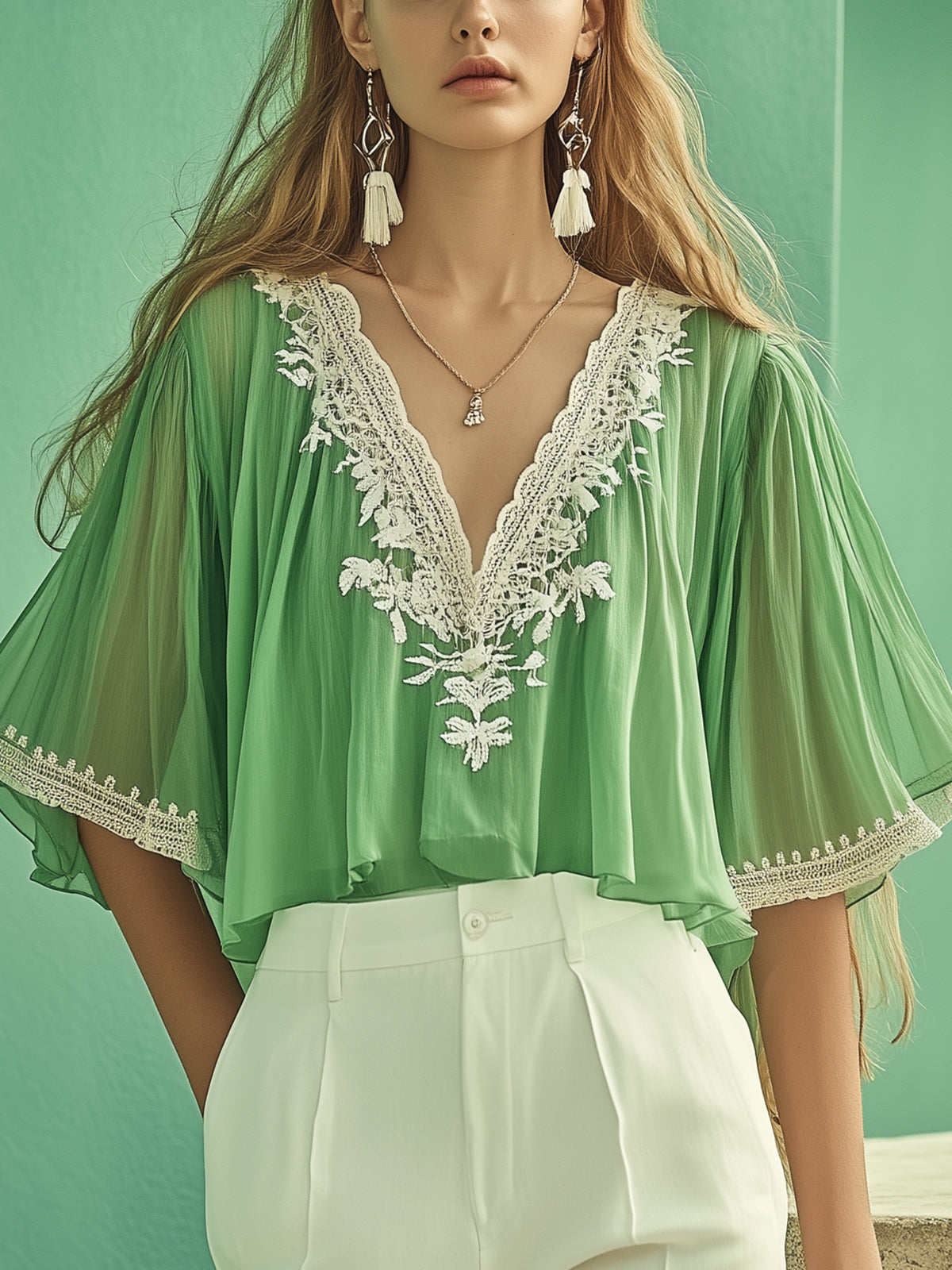 Lace Panel Floral Embroidered Chiffon Blouse
