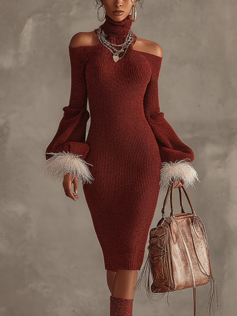 Red Knit Off Shoulder Dress With Feathered Cuffs