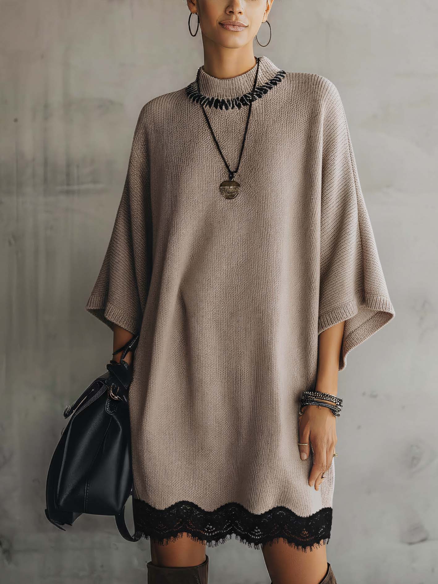 Deep Oatmeal Knit Mini Dress Loose Fit Soft Texture With Lace