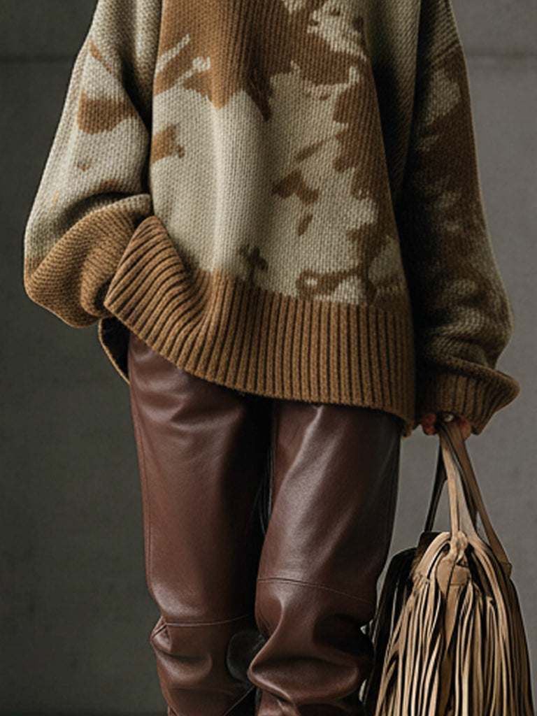 Green Camouflage Loose Turtleneck Long Sleeve Sweater