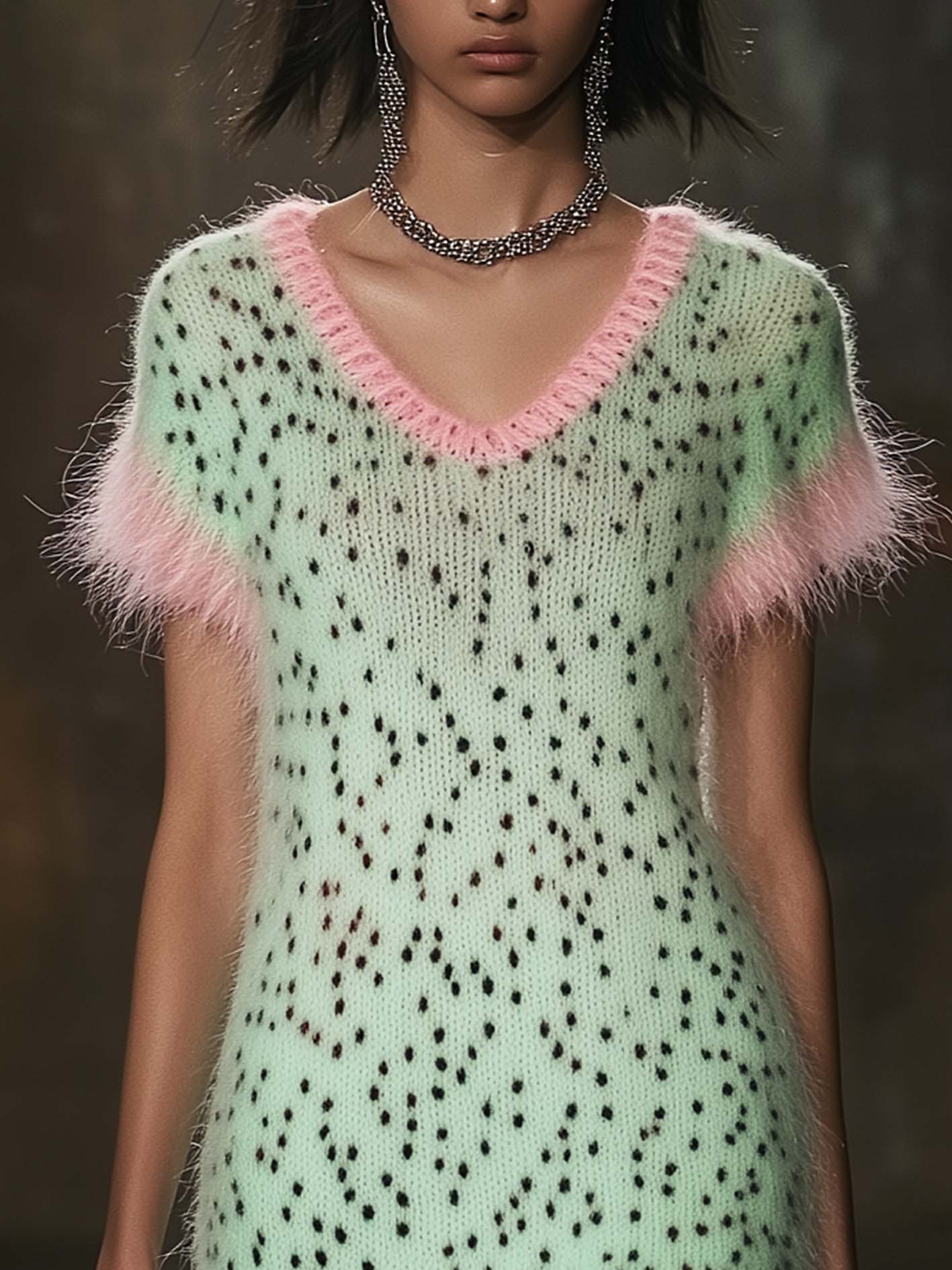 Green Knitted Mini Dress With Pink Mohair Trim And Leopard Print