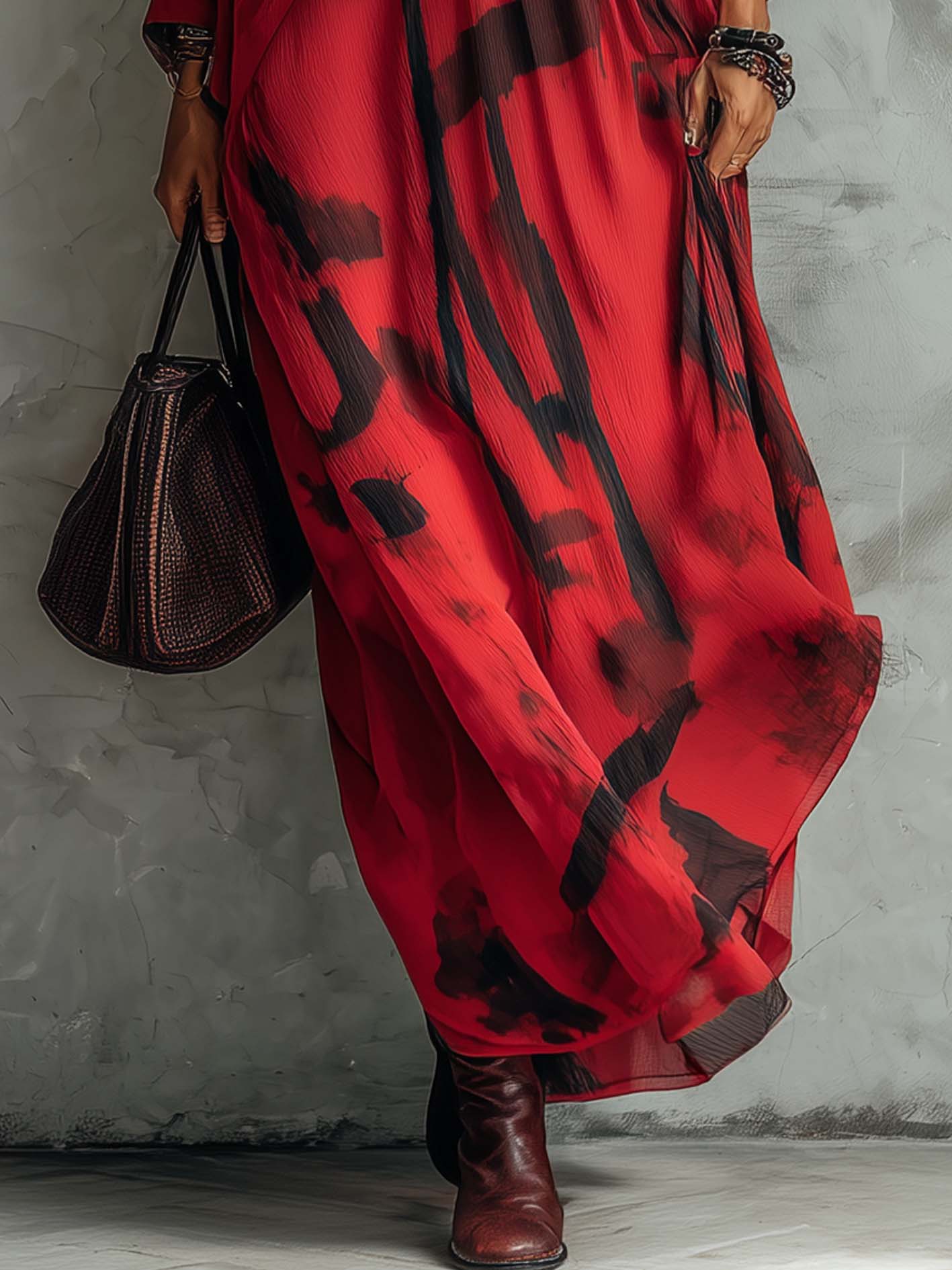 Red Abstract Black Tie-Dye Chiffon Maxi Dress