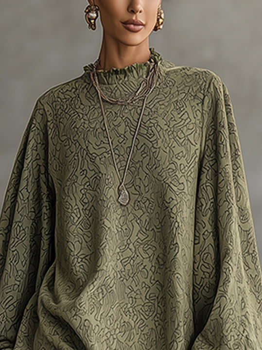 Green Faux Suede Mini Dress With Balloon Sleeves And Fringe Hem