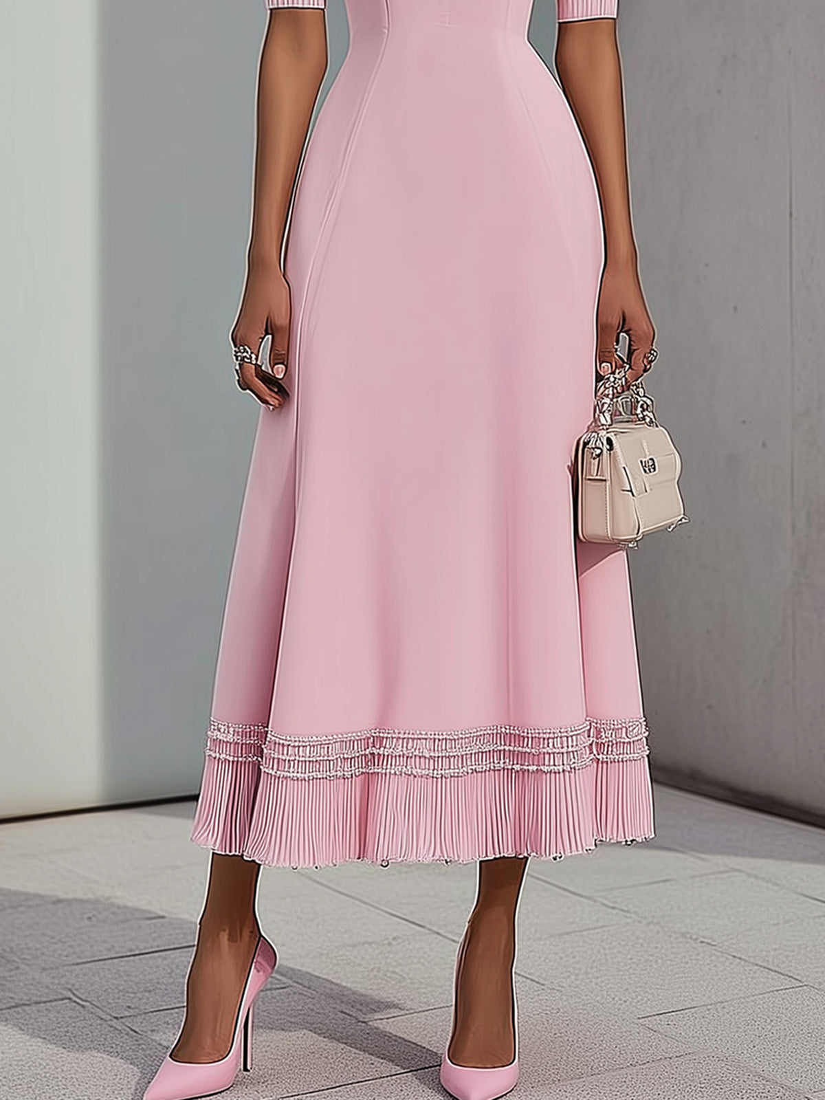 Blush Fringed Hem Puff Sleeve Square Neck Midi Dress