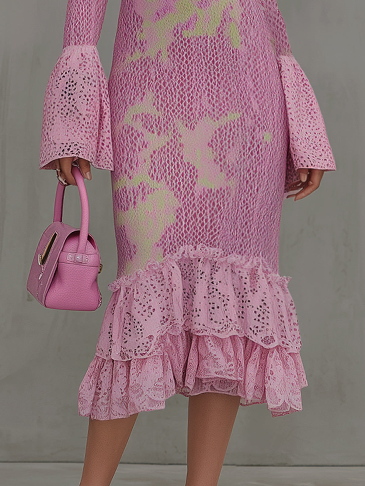 Lilac Lime Gradient Knit V-Neck Bodycon Dress With Lace Ruffles