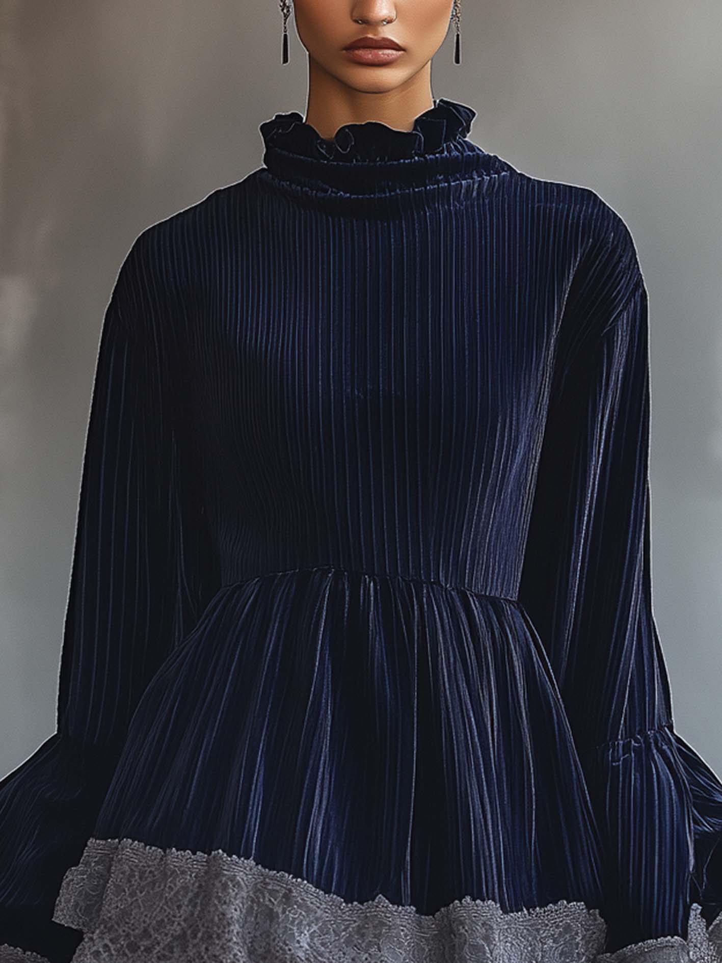 Dark Blue Corduroy Mini Dress With Elegant Gray Lace Trim