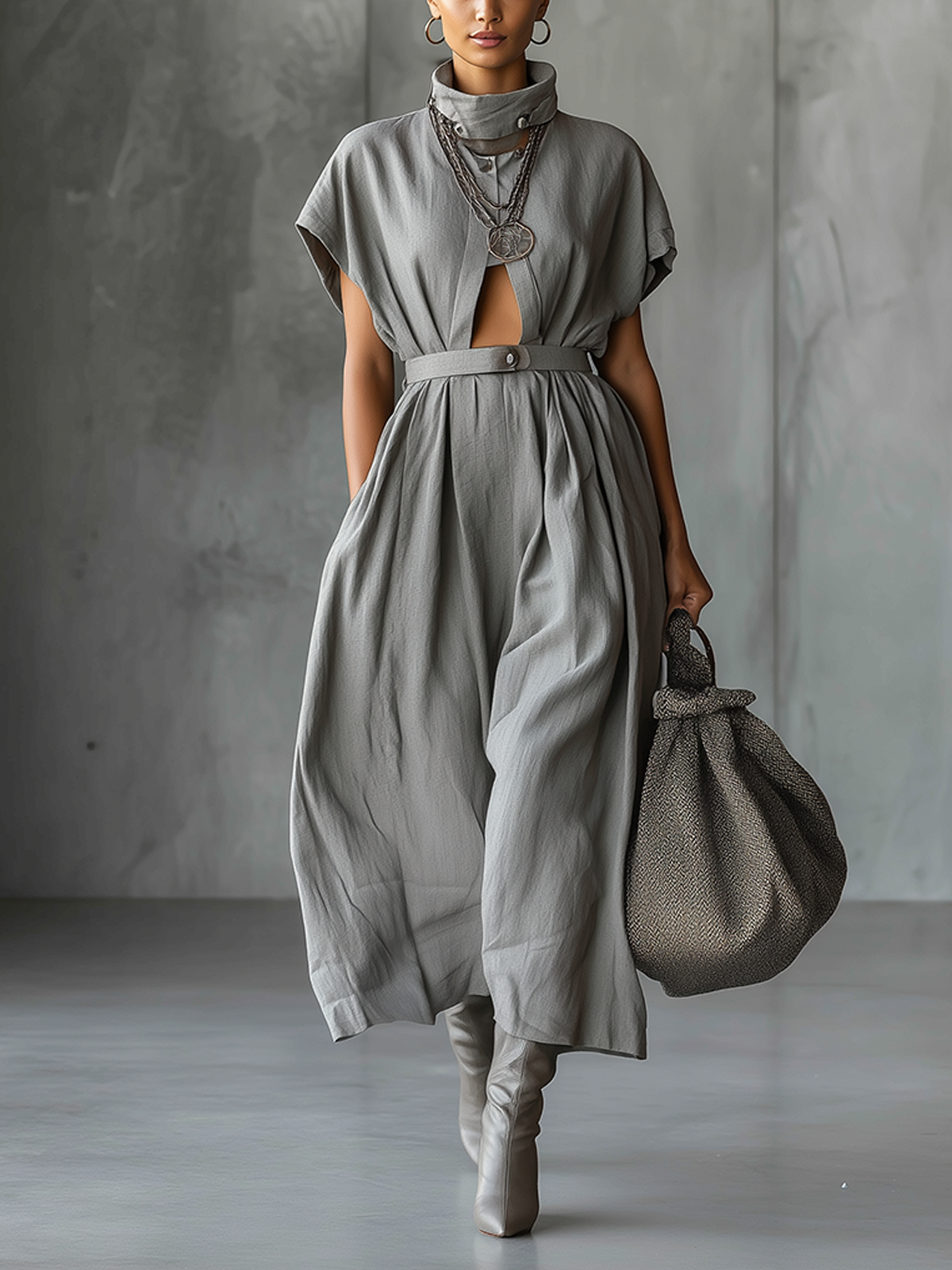 Gray High-Neck Belted Pleated Maxi Dress