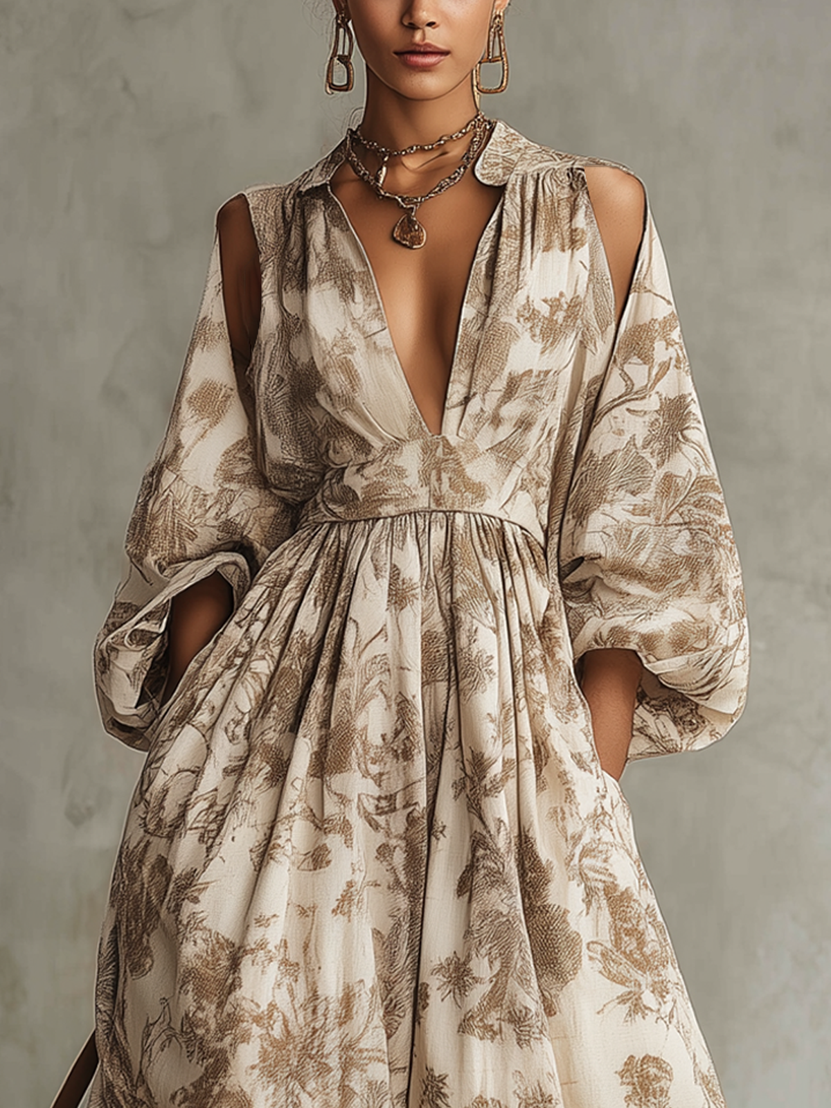 Floral Chiffon Cutout Long Sleeve Maxi Dress